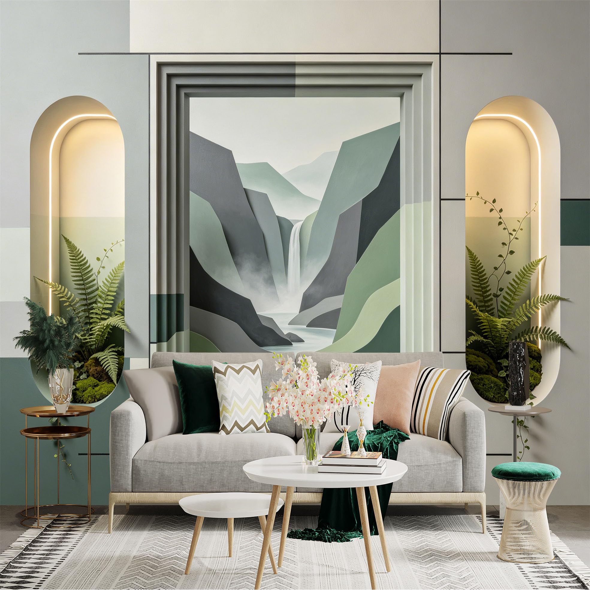 Custom Size Wall Sticker Mural， Modern Geometric Waterfall with Green Mountains and Ferns， for wall Decoration， peelandstick wall Decals.