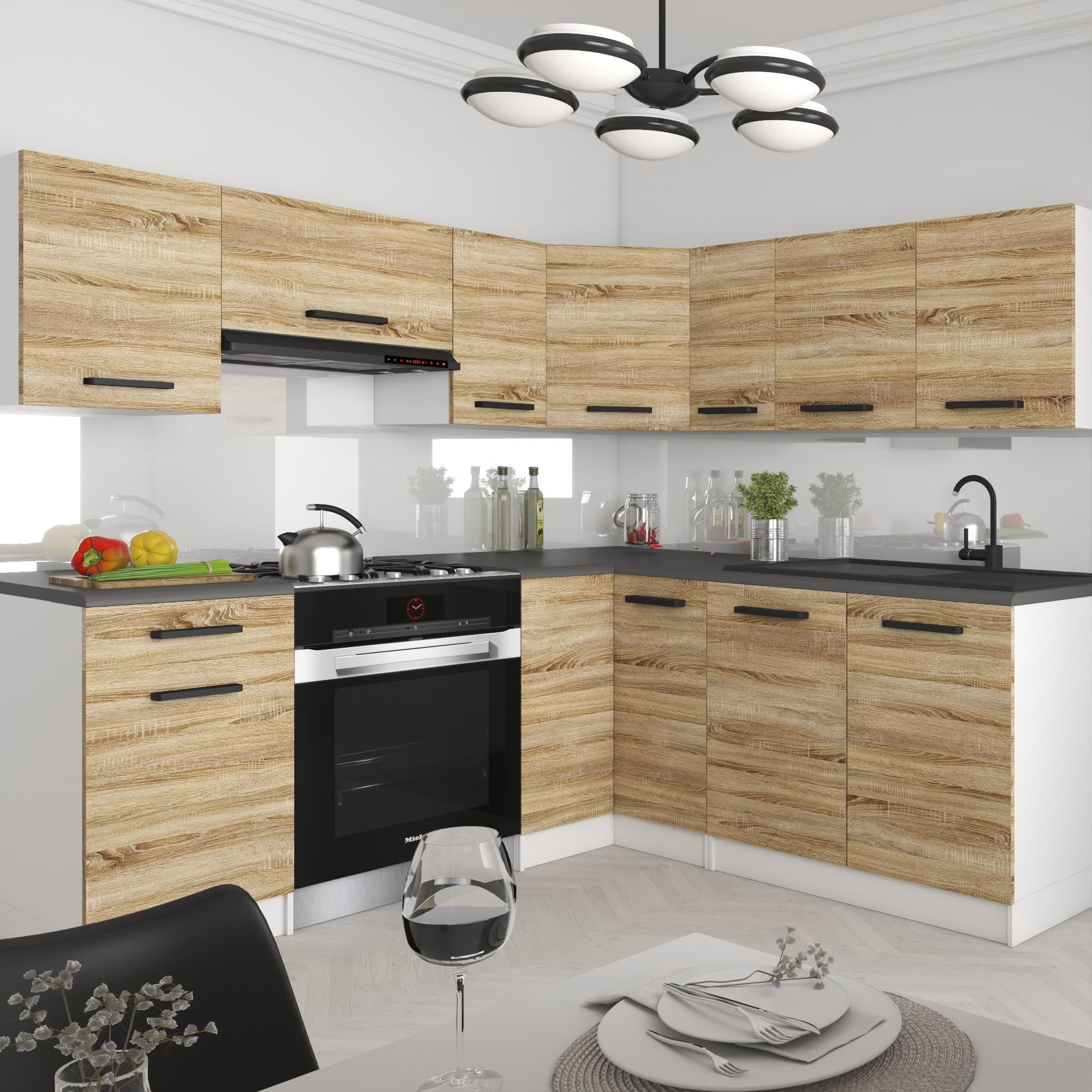 Belini Italia 6 Meuble Cuisine d'angle 360cm Chêne Sonoma | Cuisine complète, meubles hauts et bas inclus, montage facile