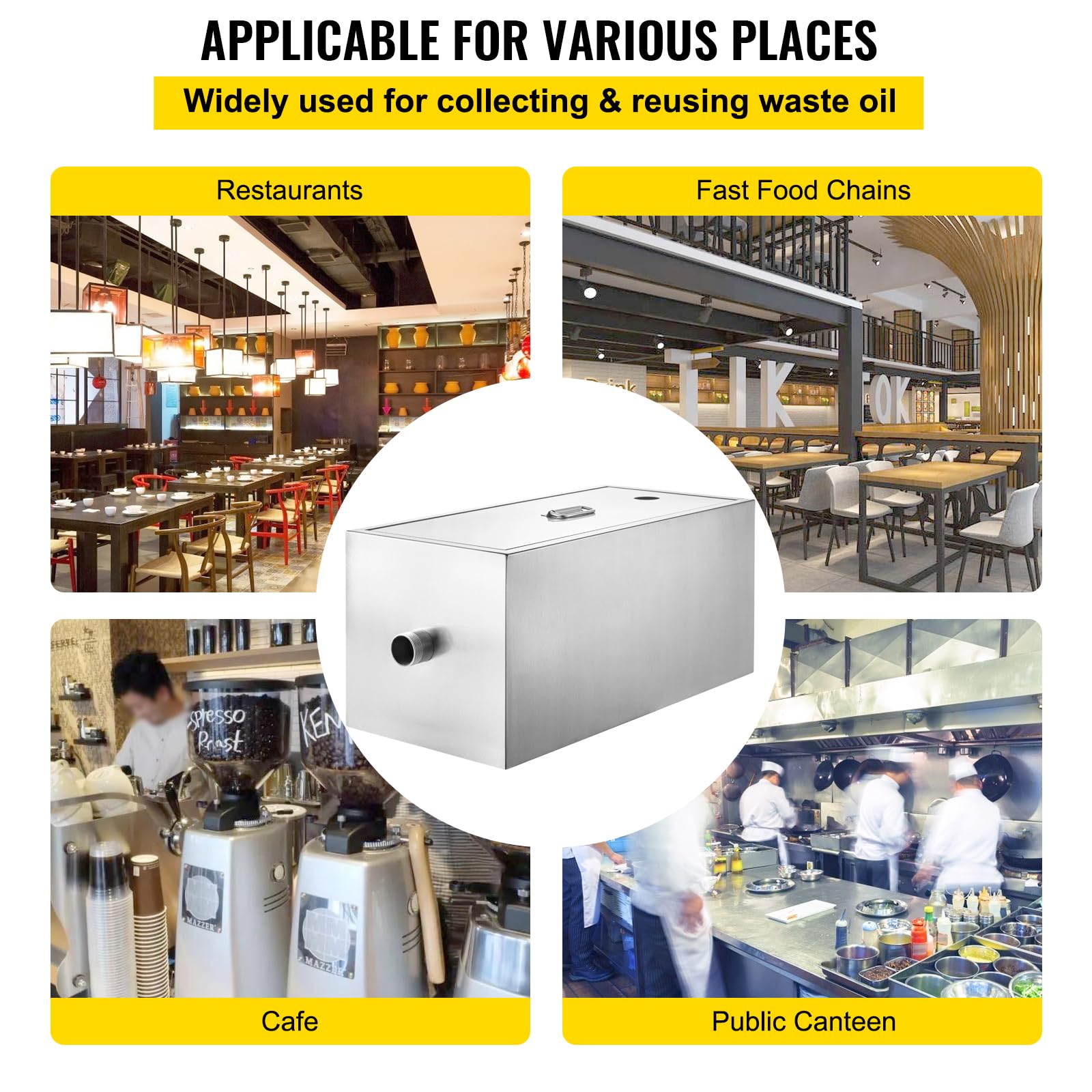 VEVOR Interceptor de Grasa Comercial Separador de Grasa 3,6kg Trampa de Grasa Entrada Superior Acero Inoxidable Debajo del Fregadero Separador de Agua y Aceite 2,8GPM para Cocina, Cantina, Restaurante