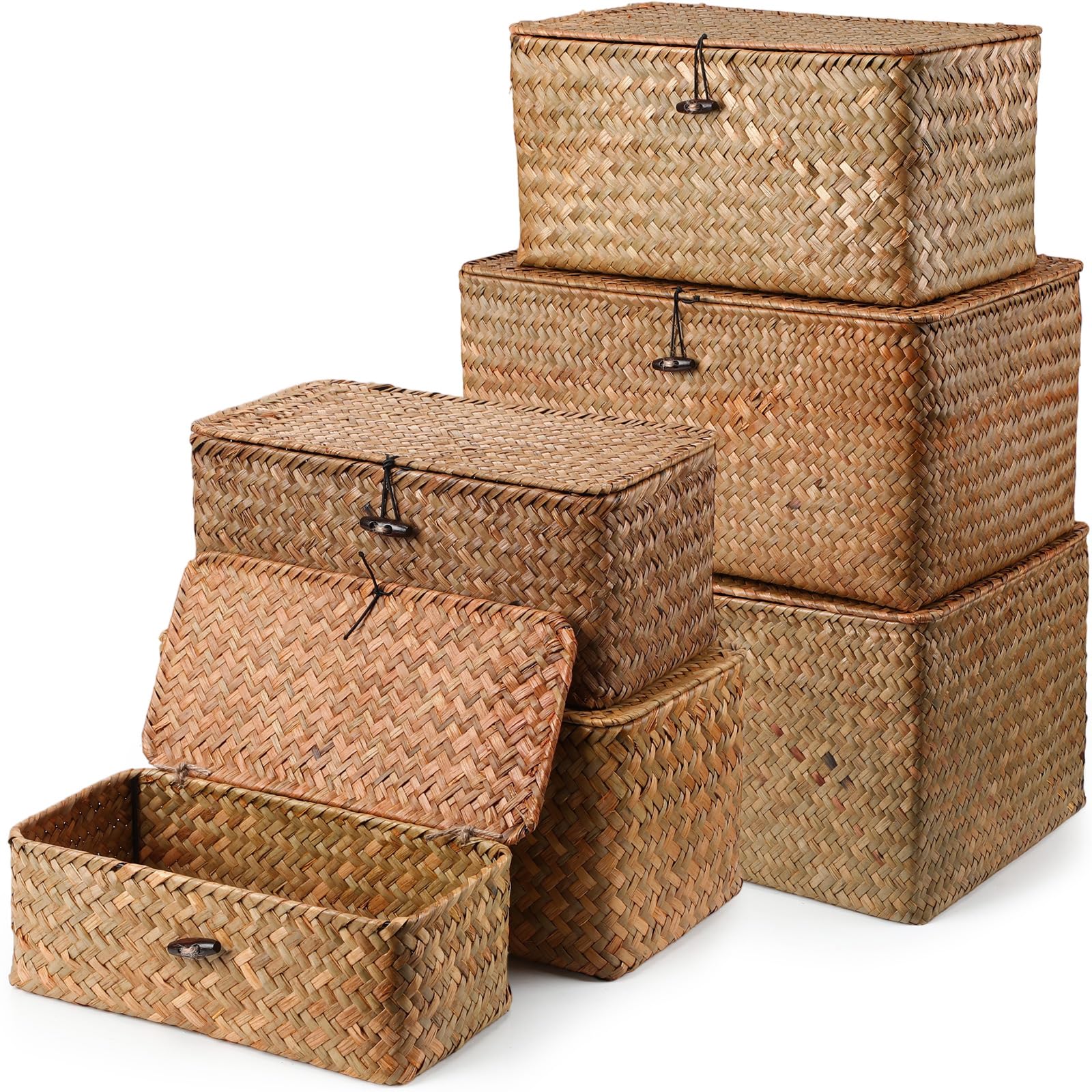 6 Pcs Wicker Baskets with Lids Seagrass Storage Basket Handwoven Wicker Storage Bins Woven Organizer Baskets Rectangular Basket Boxes for Shelf Closet Bedroom (Dark Brown)