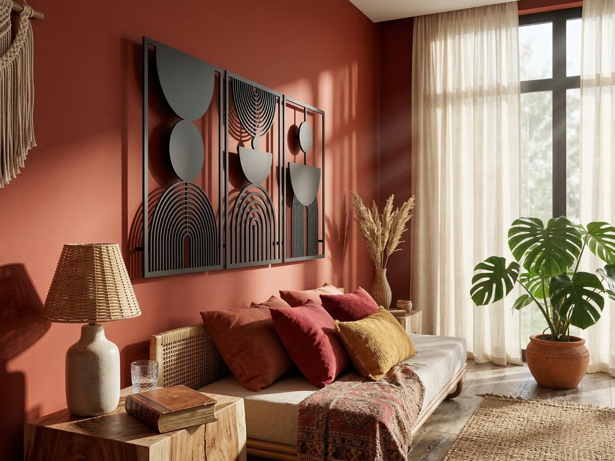 VAILLA - Juego de 3 decoraciones de pared bohemias de madera, decoración de pared geométrica, gran decoración de pared para dormitorio, sala de estar (Boho 15)