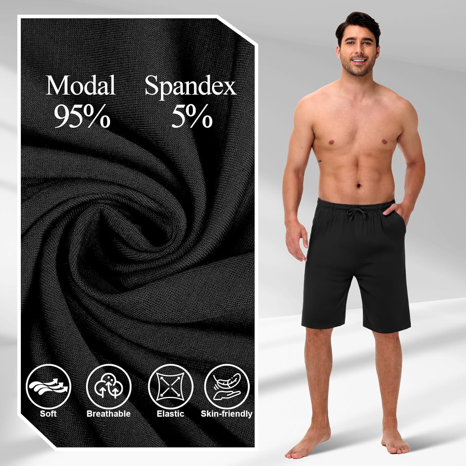 2 Pack Men’s Pajama Shorts Soft Modal Boxer Shorts Comfy Breathable Elastic Sleep Bottoms Pants with Pockets - Image 5