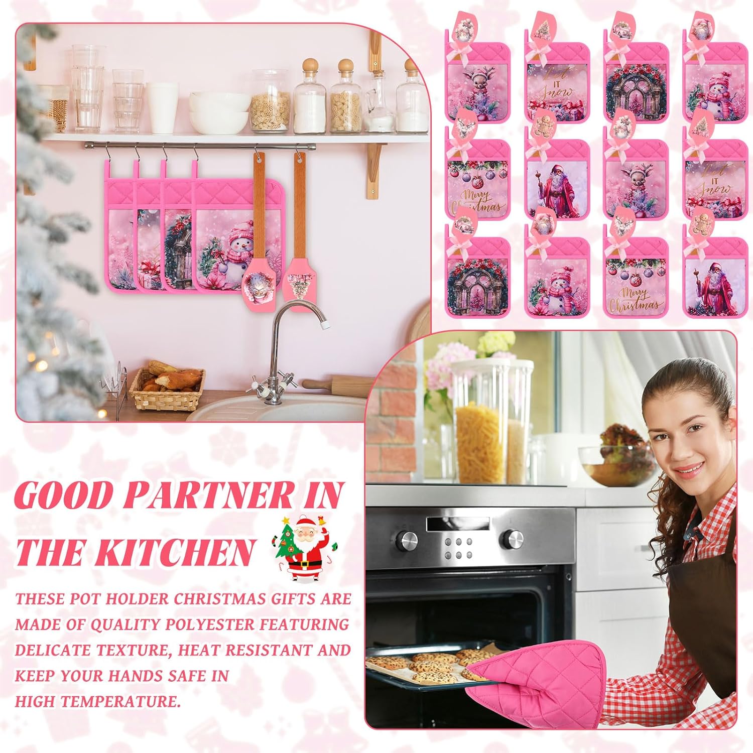 24 Pcs Pink Christmas Pot Holders and Silicone Spatula Gift Christmas Hot Pads with Pocket Xmas Scraper with Wooden Handle Heat Resistant Oven Mitt Cookie Bag for Baking Cooking(Cute) - Image 5