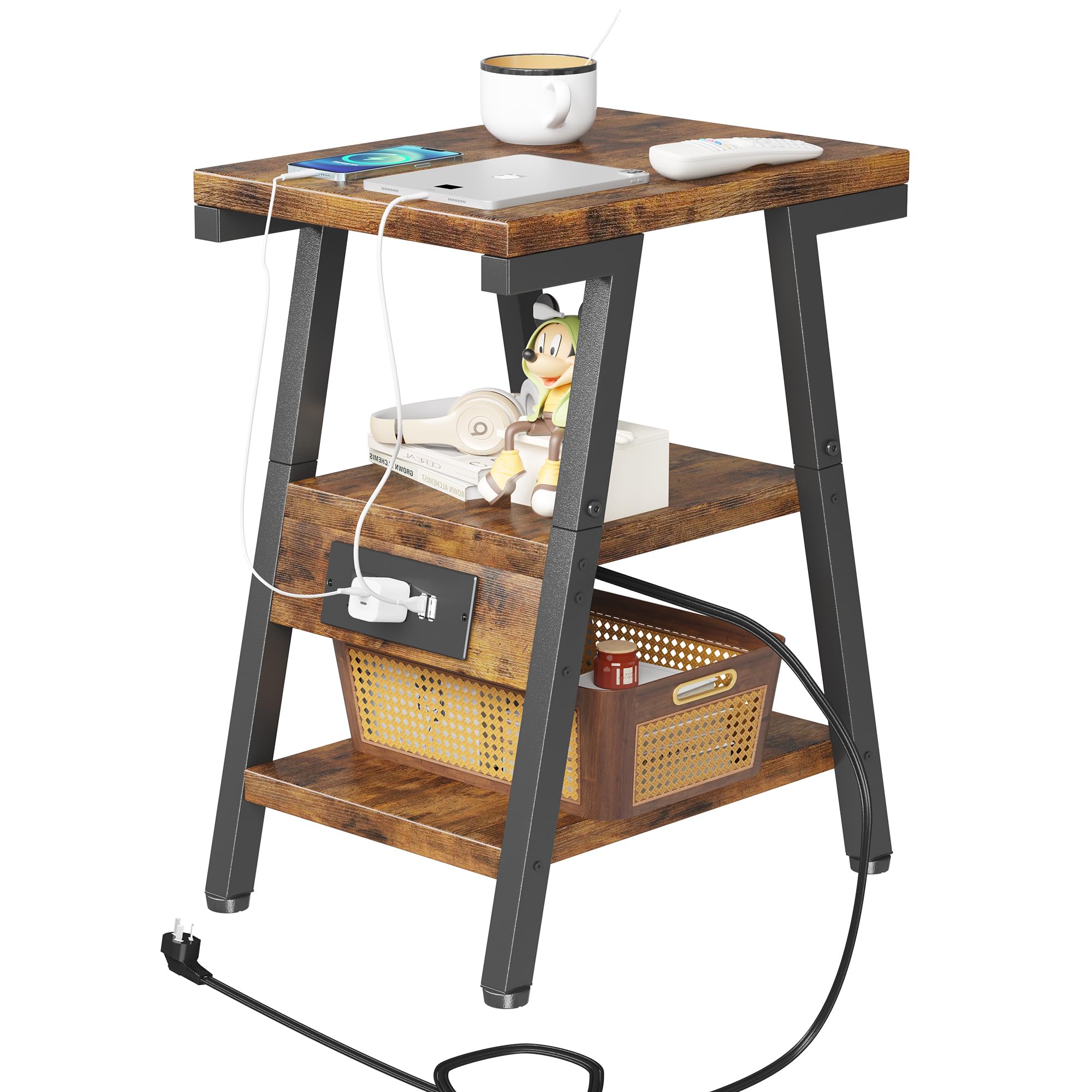 End Table with Charging Station, Small Side Tables with Lucky 7 Metal Shape, 3-Tier Nightstand with Outlets and USB Ports, Adjustable Leveling Feet,