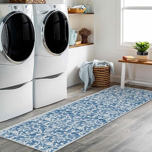 Miniatura 79 de Morebes Alfombra lavable de 2 x 5 pies, alfombra vintage floral gris para puerta de entrada, antideslizante, suave que no desprende pelusa