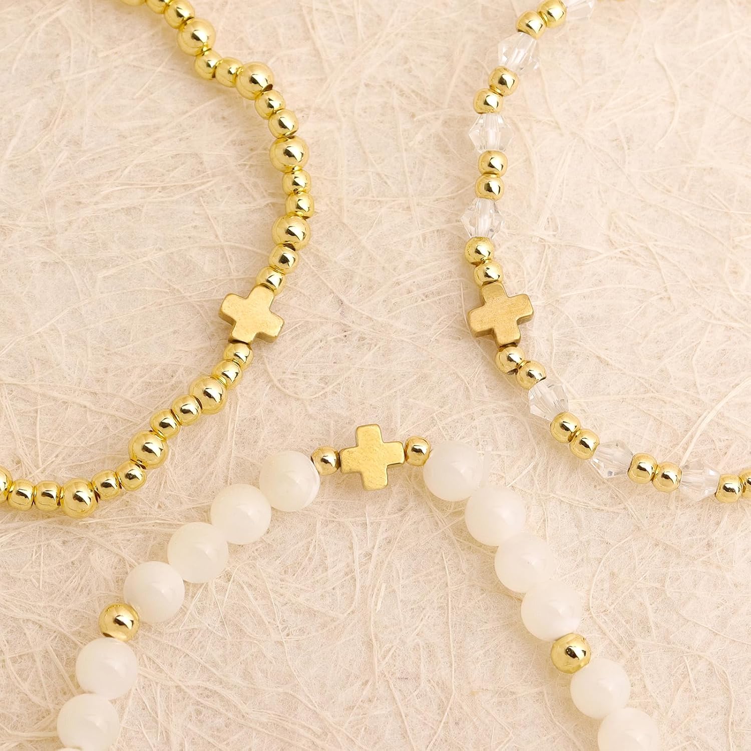 Cross Gold Beaded Stack Bracelets Set for Women, Dainty Handmade White Beads Stackable Stretch Bracelet Everyday Fashion Jewelry Gift. - Image 5