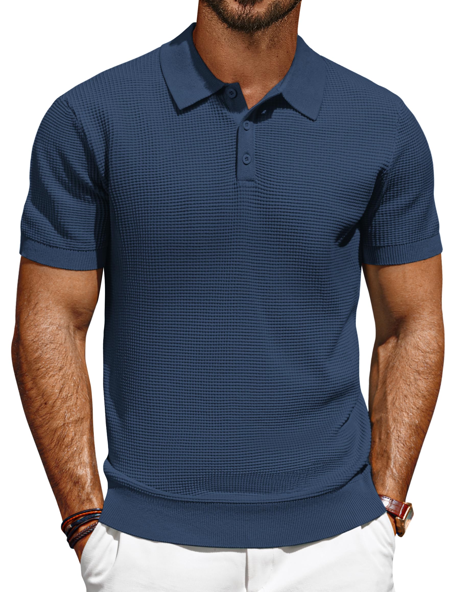 PJ Paul Jones Polo Shirts for Men Short Sleeve Casual Knit Waffle Texture Polo Golf Shirt, Navy Blue, Large