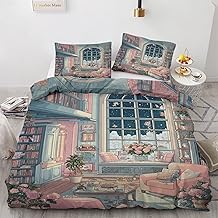 Library Duvet Cover Queen Size, 90x90 Inch Dreamy Bookshelf Book Duvet Cover, Window View Star Flower Bedding Set 3 Pieces with Zipper Closure，Reversible Bedding Soft Breathable, 2 Pillow Shams