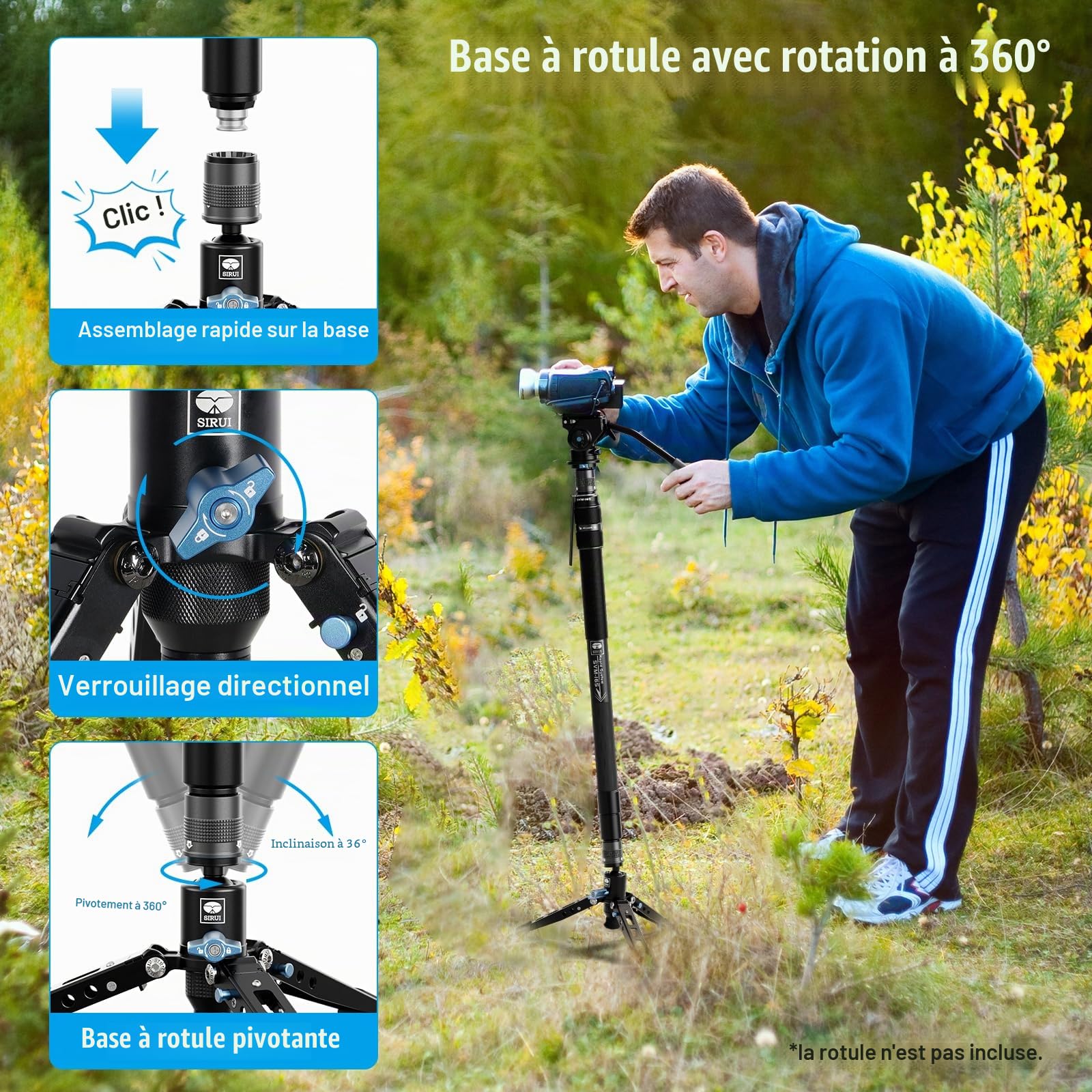 SIRUI 3 en 1 Monopode Carbone Professionnel, 165cm Monopode pour Appareils Photo avec Pieds, Réglage Rapide de la Hauteur en Une Seule étape, Charge Maximale 10kg, SVM-165