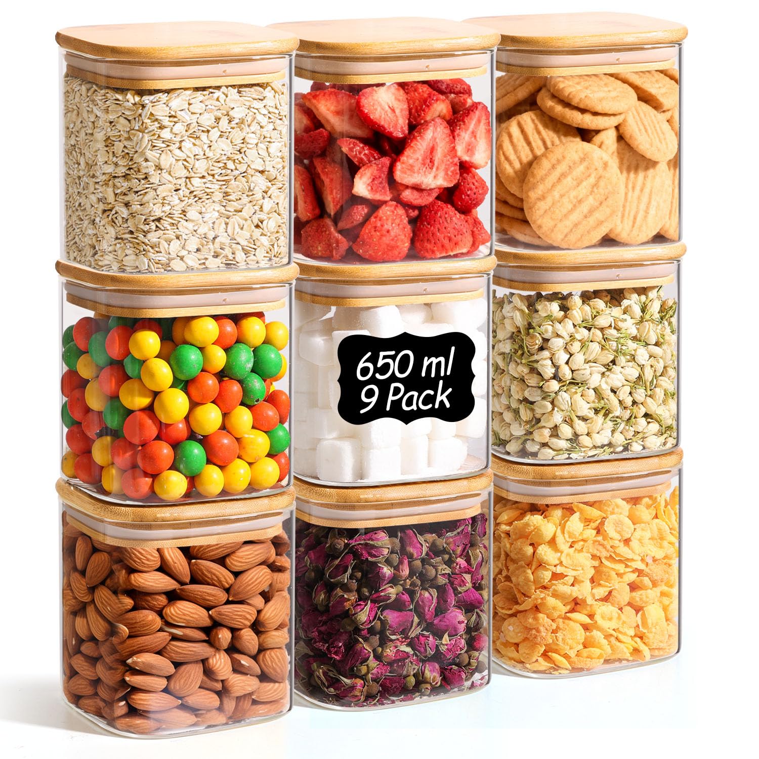 ComSaf 650ml Glass Food Storage Jars Set of 9, Clear Glass Small Storage Containers with Bamboo Lids, Pantry Organization Jar for Kitchen Canister Set, Spice, Tea, Coffee and Sugar Container — image 1