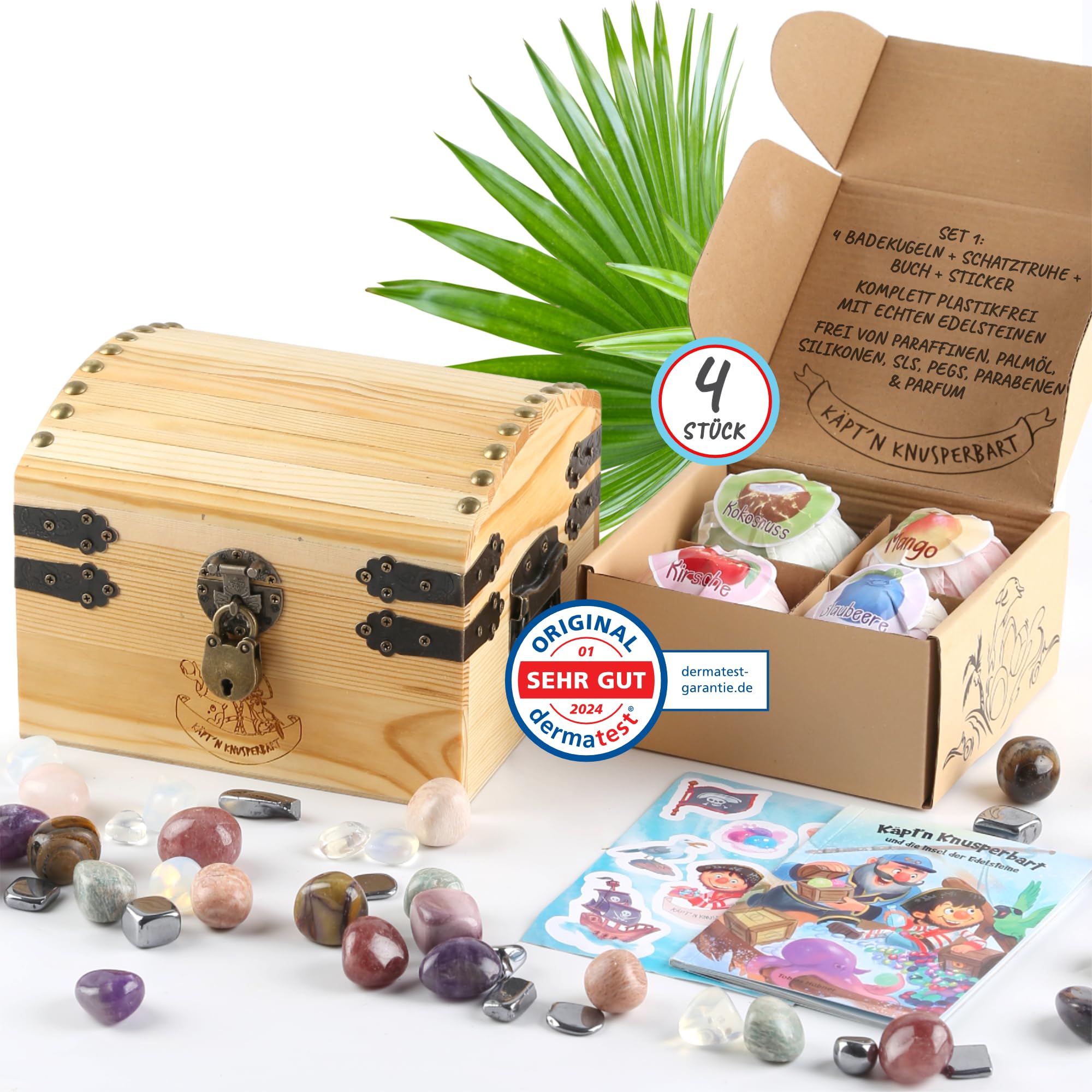 Käpt'n Knusperbart 4 bombas de baño con piedras preciosas sorpresa + cofre del tesoro + libro + pegatinas, sin plástico con ingredientes naturales, sin parafinas, aceite de palma, siliconas, SLS, PEG