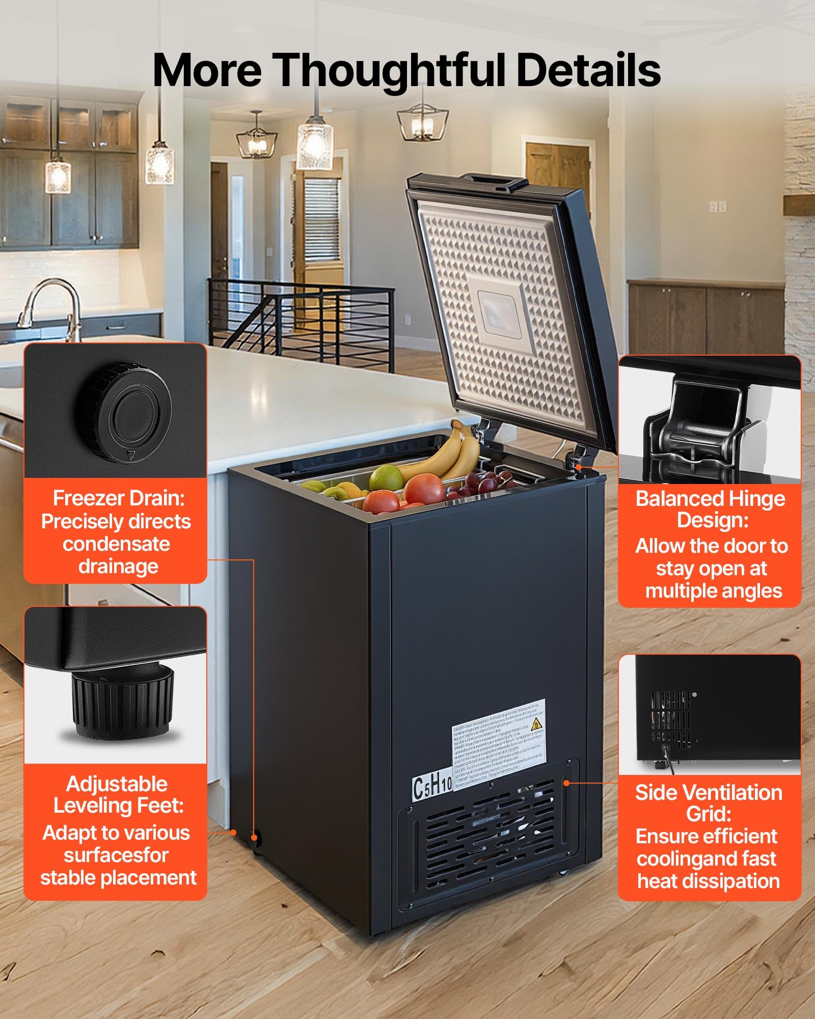 VEVOR Chest Freezer, 2.22 Cu.Ft / 63 L Compact Deep Freezer, Free Standing Top Open Door Chest Freezers With 2 Removable Baskets & Adjustable Thermostat, Energy Saving & Low Noise, Black on Fridge.com - View 6