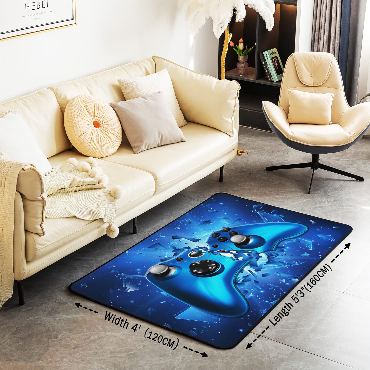 Loussiesd Dywan dla graczy, 100 x 150 cm, niebieski, gamepad, gamingowy, salon, dywan do sypialni, domu, dekoracyjny nowoczesny kontroler konsoli do gier, dywan, ultramiękka antypoślizgowa mata