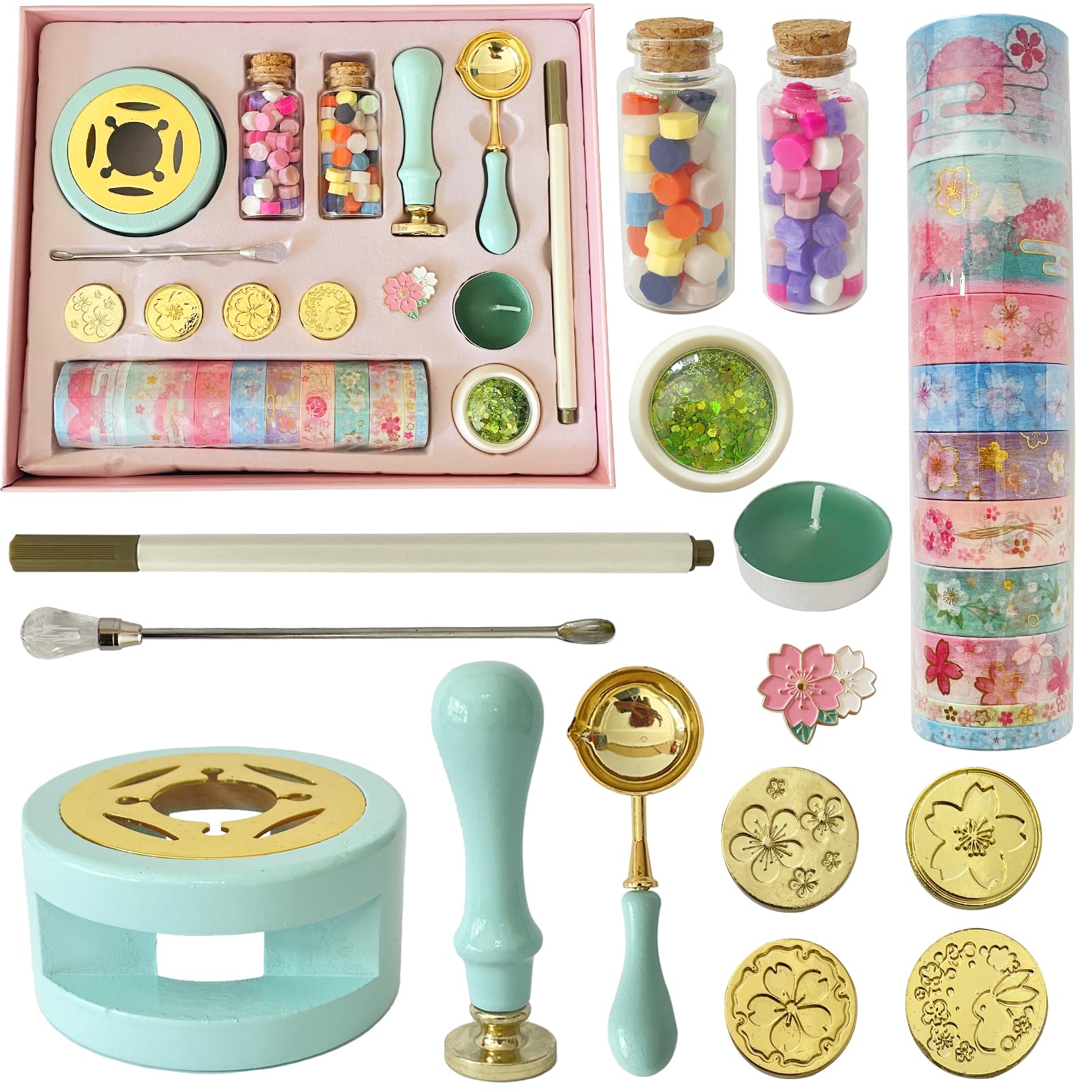 Wax Seal Stamp Kit - Wooden Warmer, 5 Floral Stamps, 120 Wax Beads & Washi Tape - Complete Set for Wedding Invitations & DIY Crafts