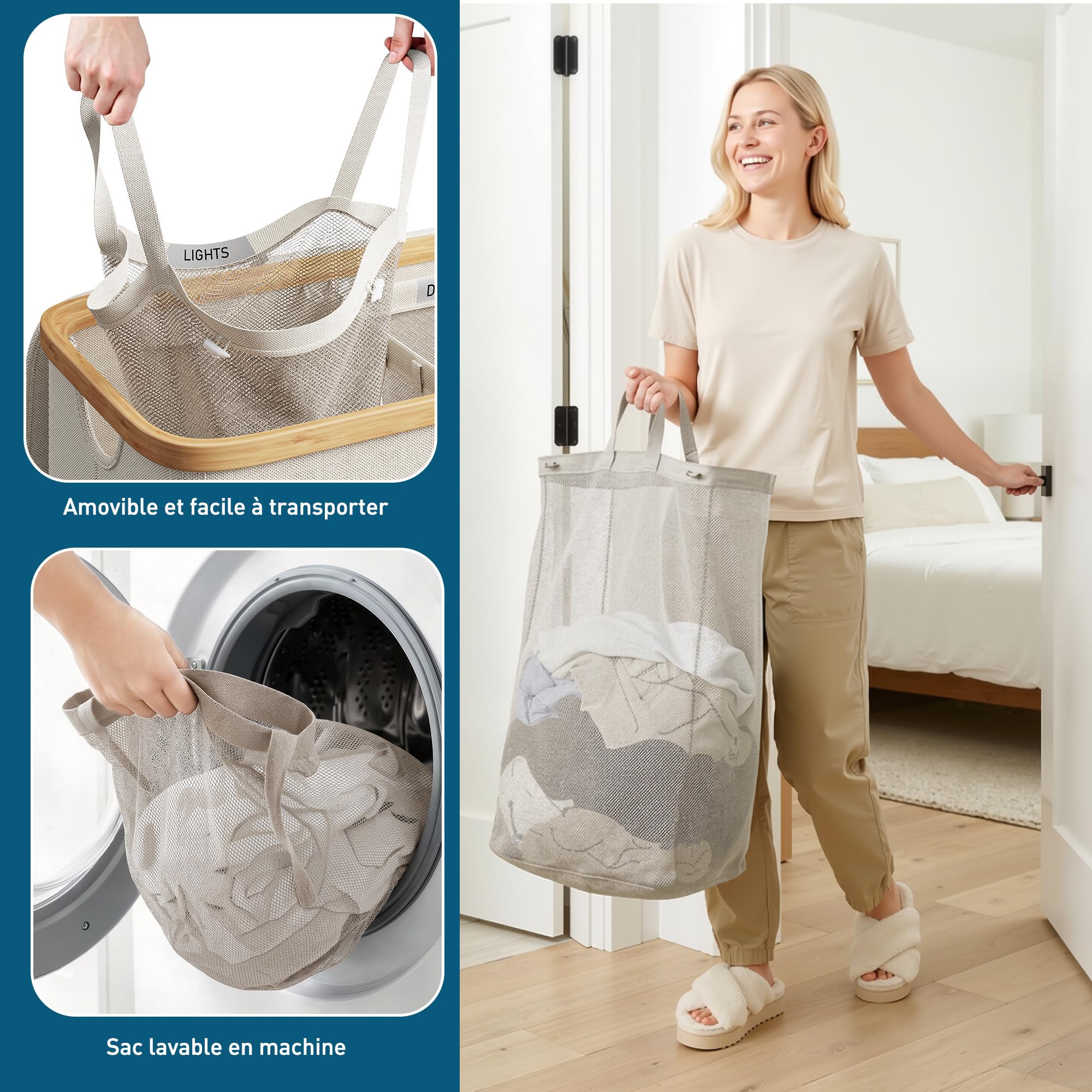 Panier à Linge 2 Compartiments avec Couvercle 140L, en Cadr Bambou & Tissu Oxford 600D Étanche, panier linge sale avec Sacs Intérieurs Amovibles, parfait pour la Buanderie, la Chambre, Beige
