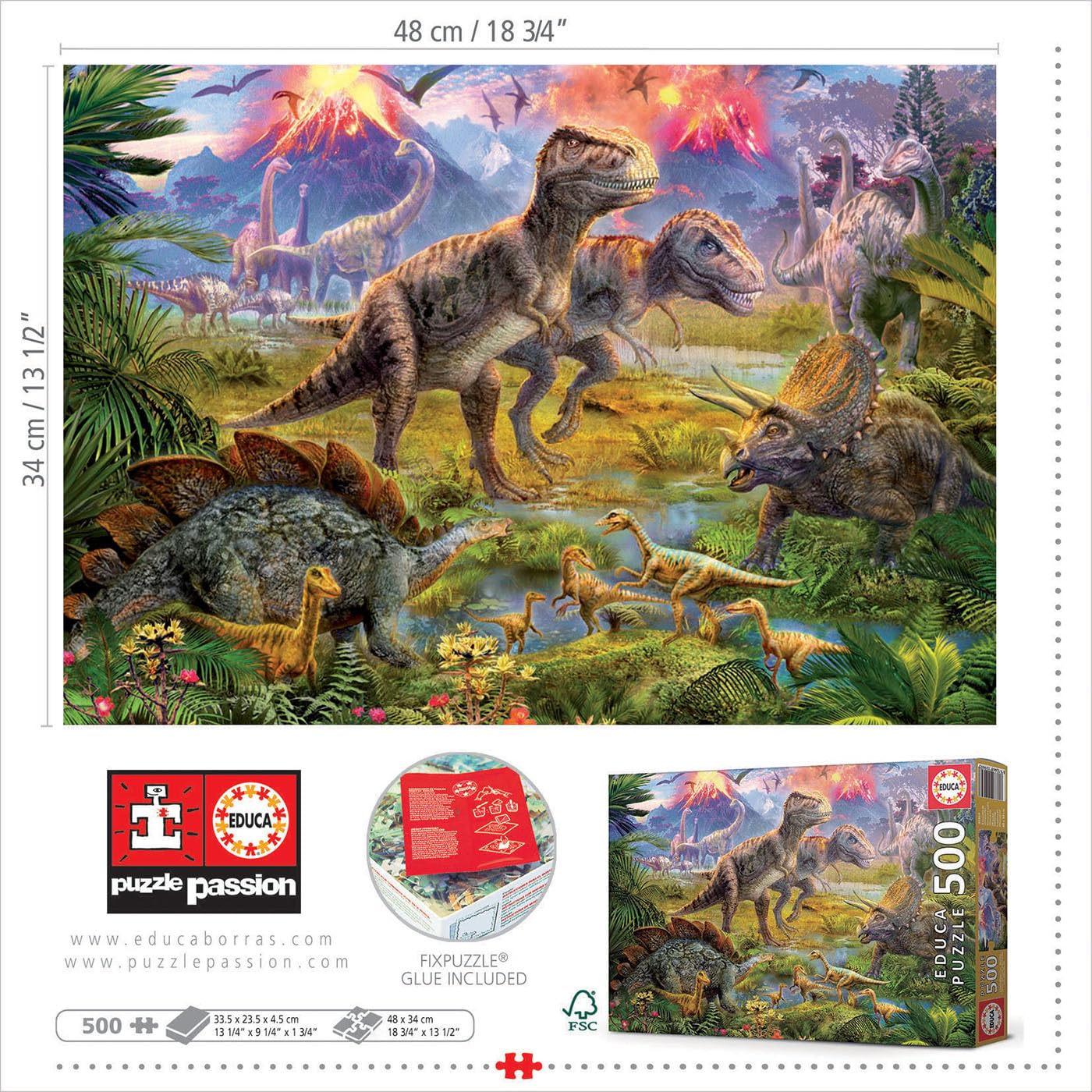 Educa - Puzzle de 500 Piezas para Adultos | Encuentro de Dinosaurios. Incluye Pegamento Fix Puzzle. A Partir de 11 años (15969)