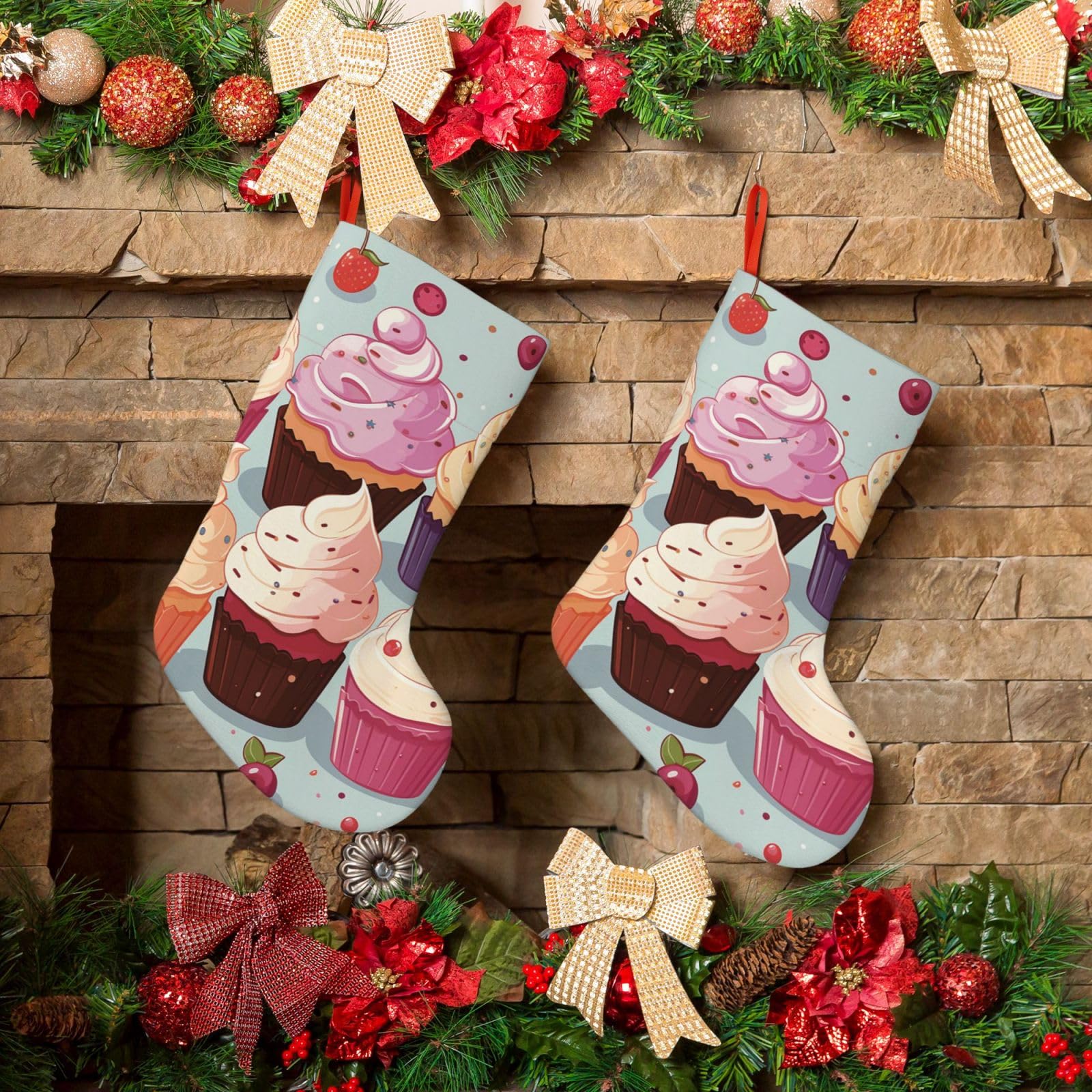 Cupcakes Christmas Stockings 18 Inches Velvet Xmas Fireplace Hanging Stocking Rustic Christmas Santa Stockings for Home Christmas Decorations Party Favor Supplies