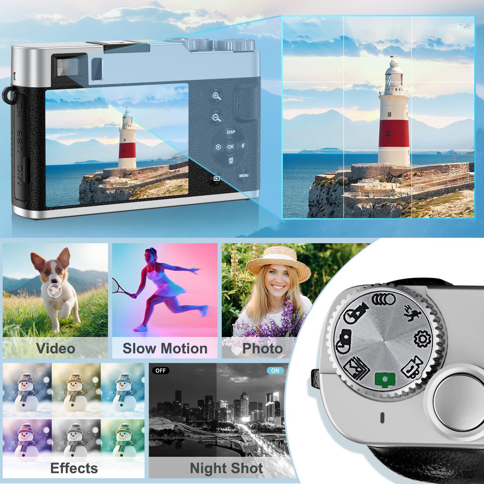 Appareil photo numérique 4K avec viseur optique, mise au point automatique 48 MP, zoom numérique 16X, stabilisation d'image, flash intégré, carte 32 Go et 2 batteries