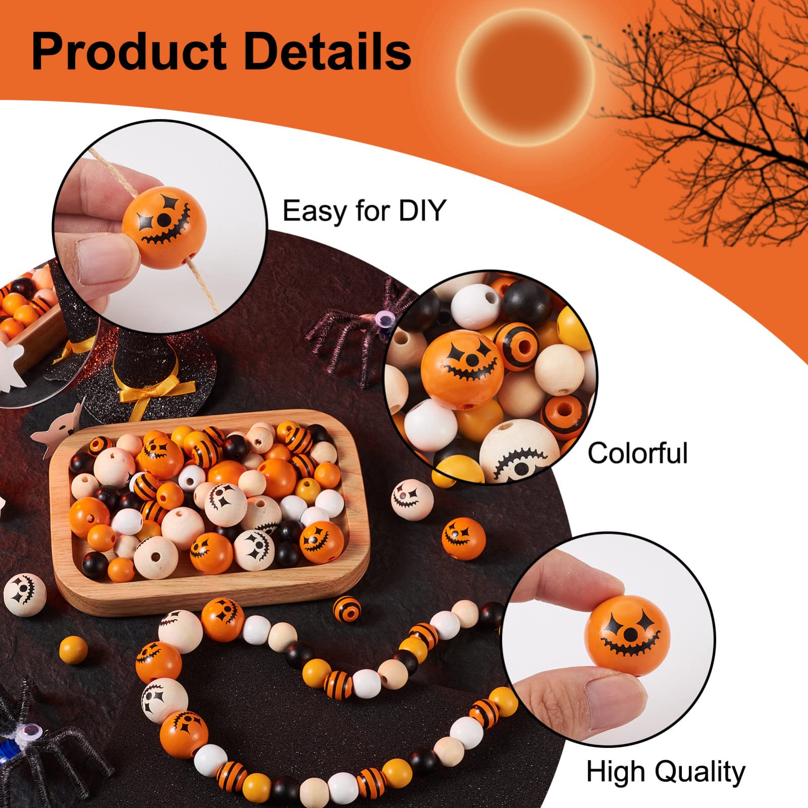 160 Perline In Legno Di Halloween - Autunnali, Colorate, Rotonde, Con Foro Grande, Per Fai Da Te E Decorazioni