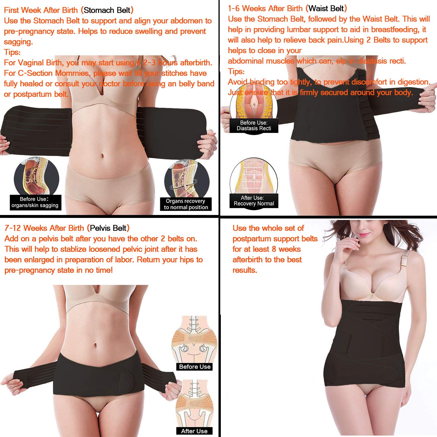 Ceinture ventrale post-partum 3 en 1 pour la récupération post-partum – Ceinture ventre/taille/bassin pour femme – Taille XL, noir…