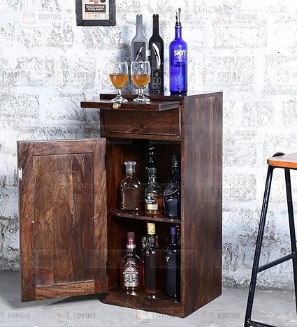 WINNTAGE?Wooden Bar Cabinet || Home Bar Furniture || Wood Bar Cabinet,Drawer with Storage || Bar Units for Home || Bar Cabinet for Living Room || Wine Rack || Teak Brown