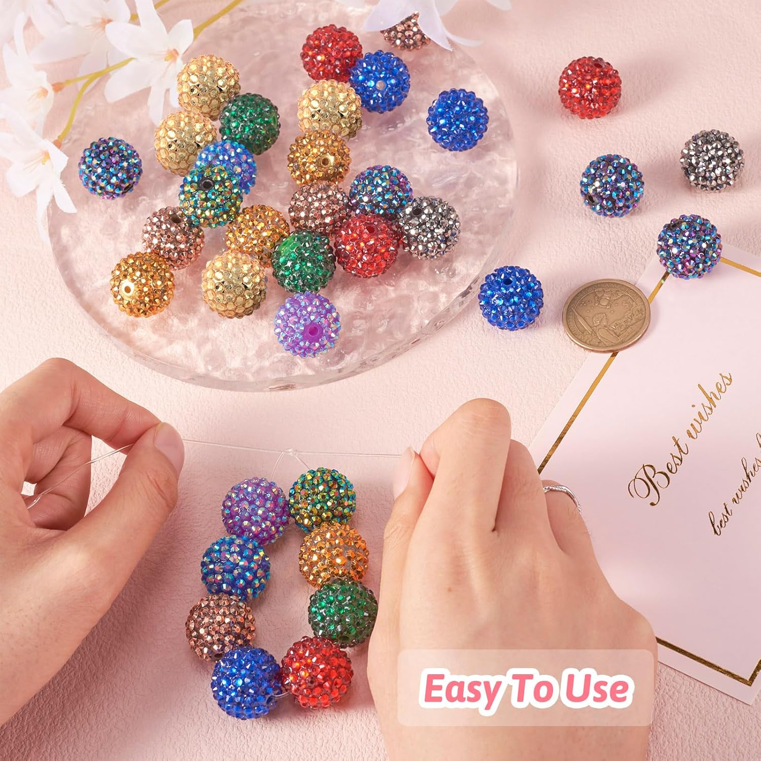 96Pcs 20mm Round Rhinestone Beads 12 Colors Pave Disco Ball Beads Chunky Bubblegum Beads Glitter Focal Beads for Crafts Pens Jewelry Making