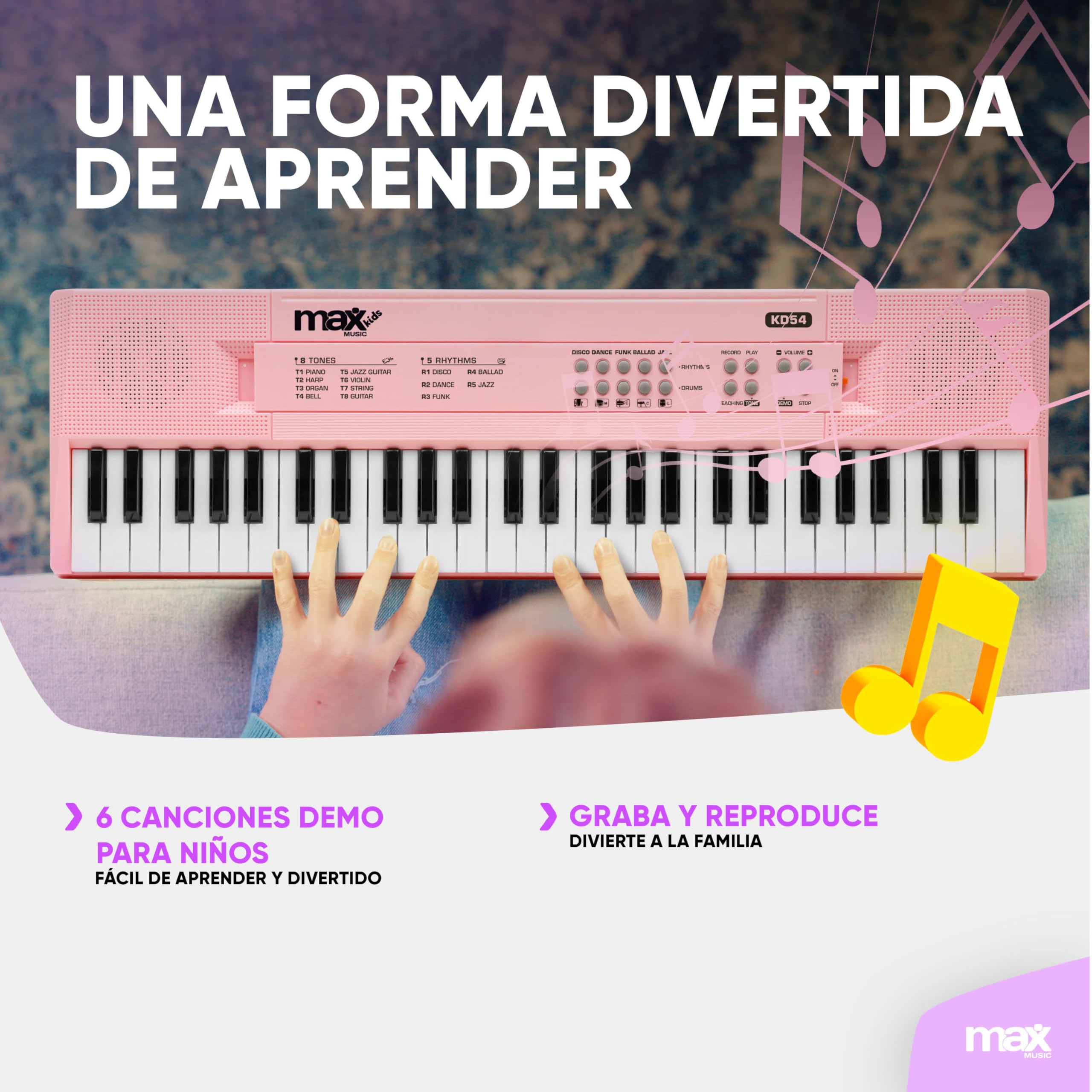 MAX KD54 – Teclado piano 54 teclas con micrófono, batería recargable y altavoces estéreo – Piano digital infantil para principiantes, niñas y niños – Teclado musical portátil – Color rosa
