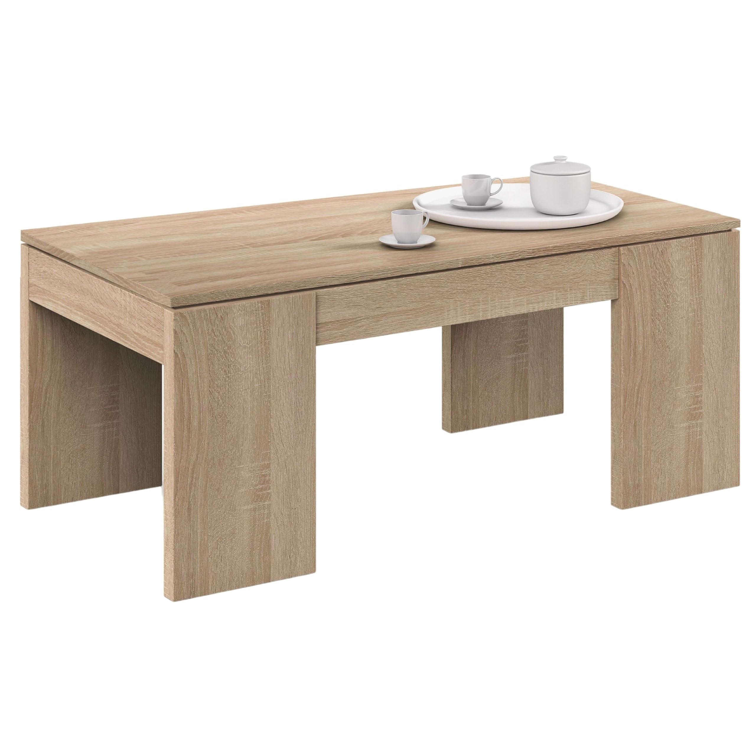 Habitdesign - Mesa de Centro Elevable Kendra, Mesita Auxiliar de Salón o Comedor con Almacenaje Interior, Roble Canadian, Medidas: 100x50x45-56 cm