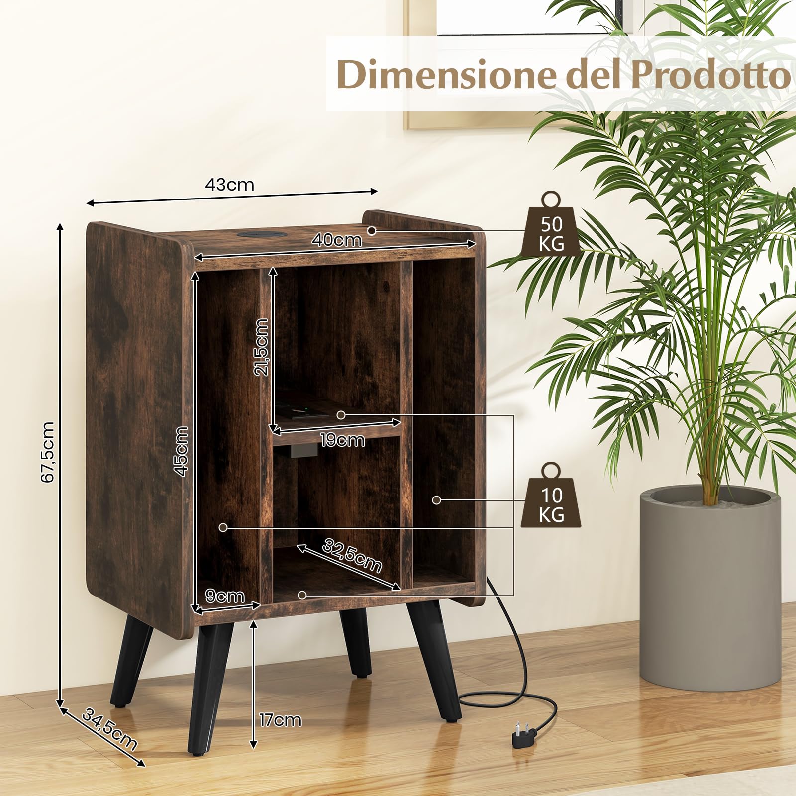 RELAX4LIFE Supporto per Giradischi con Stazione di Ricarica, Porta Vinili con 4 Scomparti Aperti, Espositore per Dischi, Carico Max 90kg per Ufficio, Studio, Camera da Letto (Marrone)