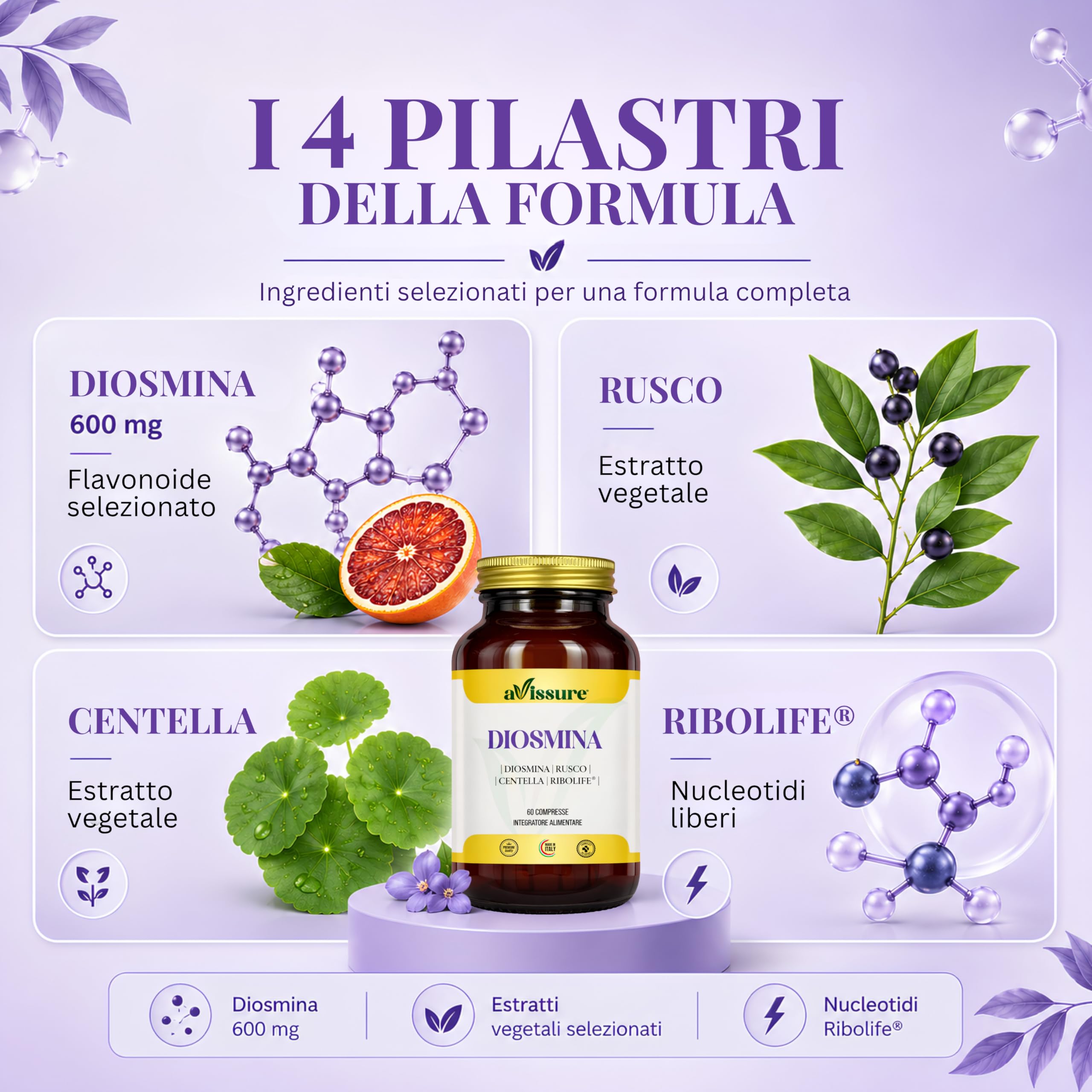 Diosmina 600mg avissure, Integratore Microcircolo e Circolazione Venosa, con Rusco e Centella, Supporto Gambe Pesanti e Benessere Vascolare, con Ribolife®, 60 Compresse, Senza Glutine, Lattosio, OGM