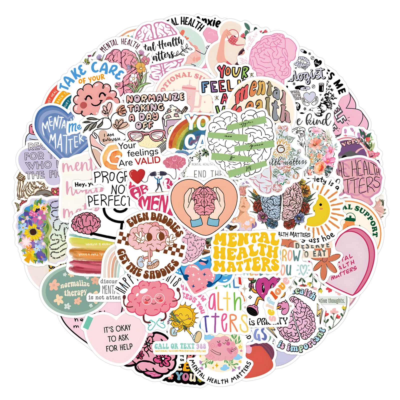 100 Pcs Mental Health Stickers Laptop Car Scrapbook Phone Skateboard Suitcase Luggage Bike Mental Health Vinyl Waterproof Aesthetic Personalised Stickers for Teens Boys Girls Adults