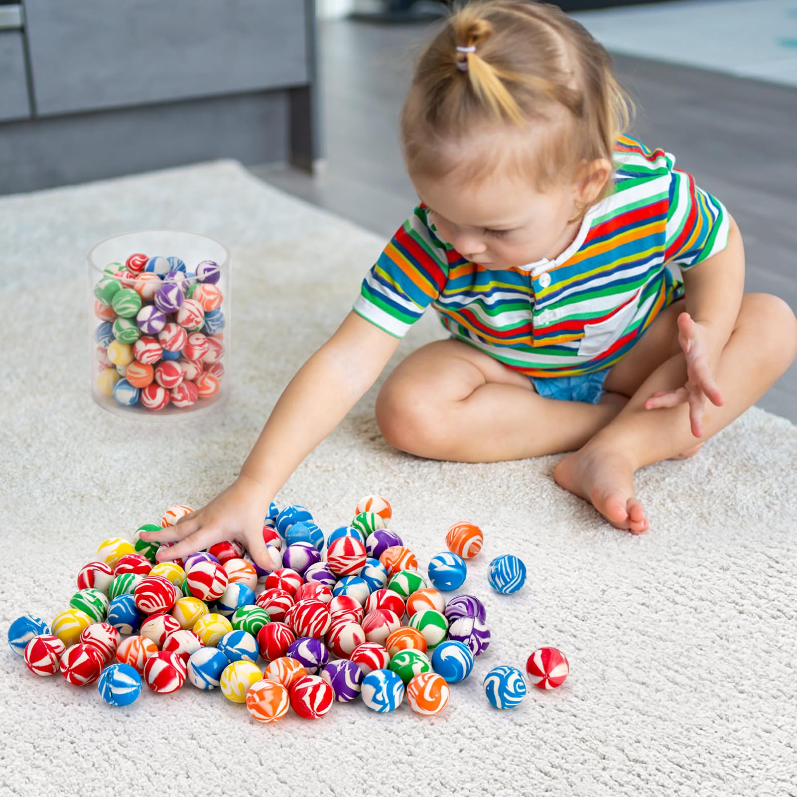 Paquete de 100 bolas coloridas pequeñas y rebotantes, bolas de rebote de goma surtidas de 1.260 in, bolas de rebote alto con patrón mixto a granel, recuerdos de fiesta para niños, regalo de 4