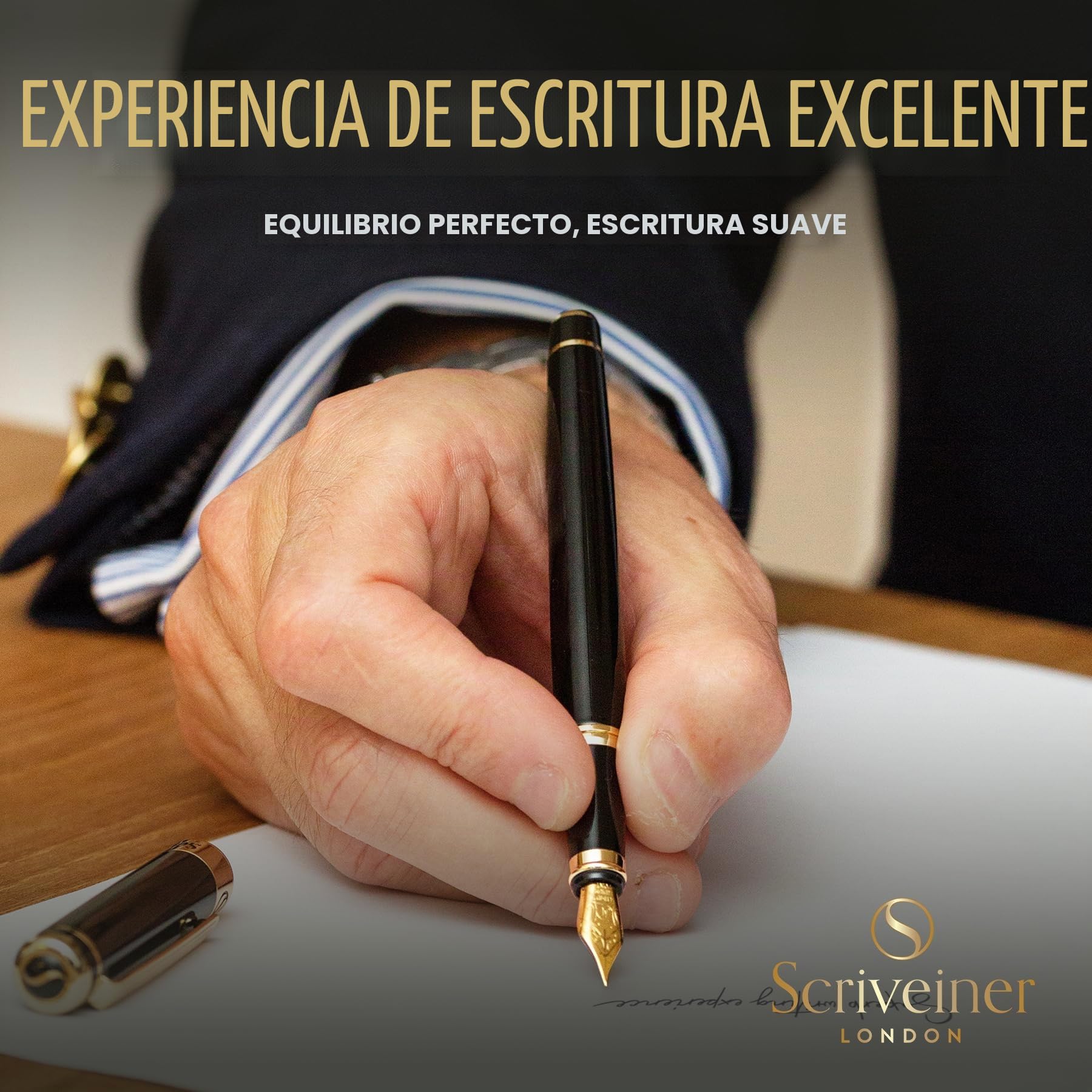 Scriveiner Pluma Estilográfica Negra con Detalles de Chapado en oro auténtico, Plumilla y Convertidor Instalado Schmidt, Incluye Dos Cartuchos de Tinta, Azul y Negro