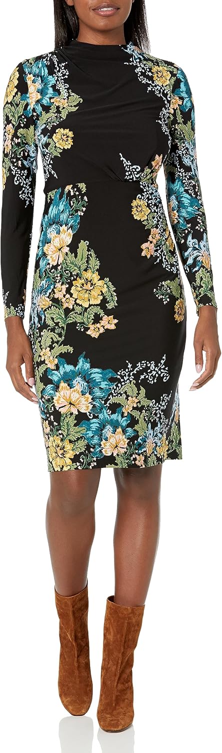London Times Women's Petite Mock Neck Midi Dress with Ruching
