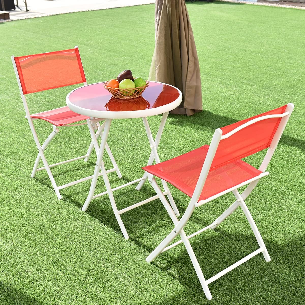 Tangkula 3 Pieces Folding Patio Bistro Set, No Assembly Required, Outdoor Folding Chairs & Table Set with Tempered Glass Tabletop, Outdoor Furniture Set for Garden, Poolside & Backyard (Red)