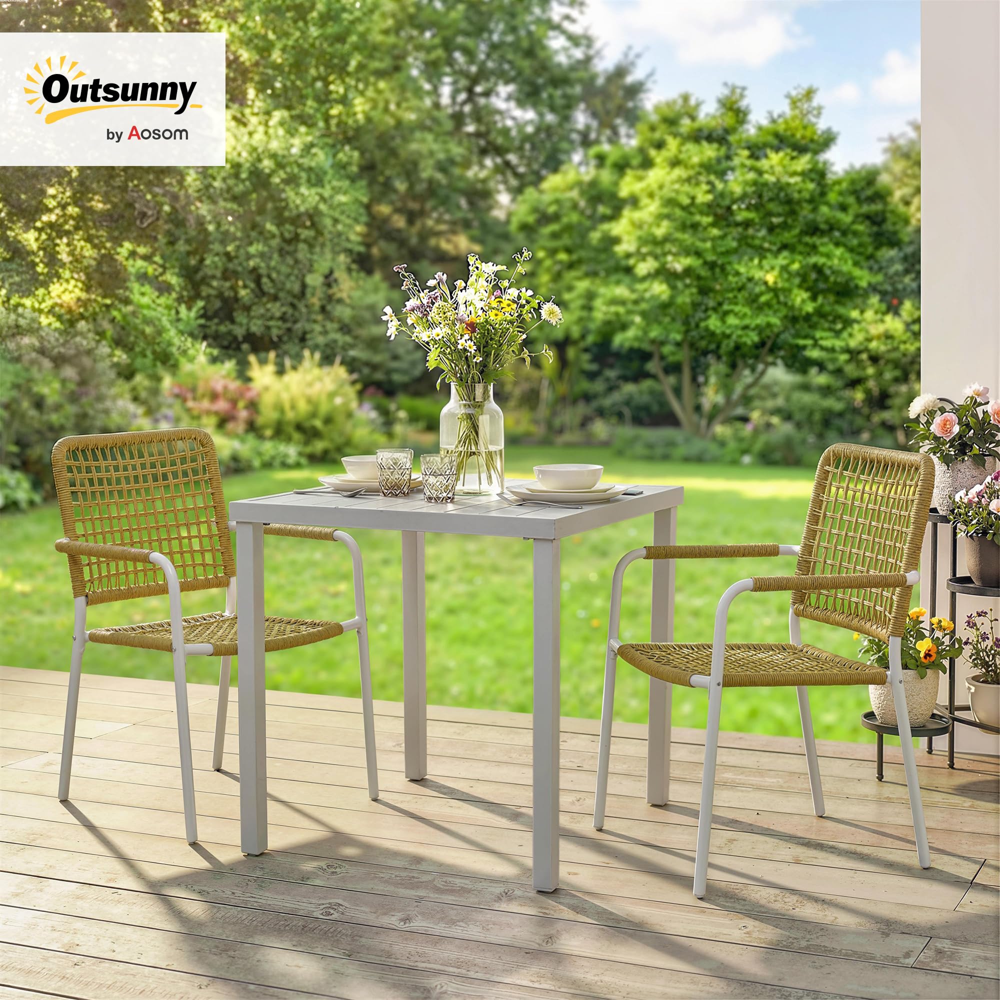 Outsunny Lot de 2 Chaises de Jardin en Résine Tressée Empilables Jaune | Chaise de Salle à Manger, avec Accoudoirs et Dossier, Fauteuil de Jardin Exterieur, pour Balcon Terrasse Patio