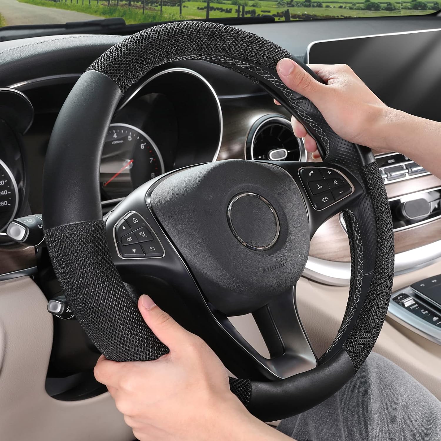 SEG Direct Leather Steering Wheel Cover with Breathable Ice Silk, Cool in Summer and Warm in Winter, Anti-Slip Car Wheel Protector 15 in. Black