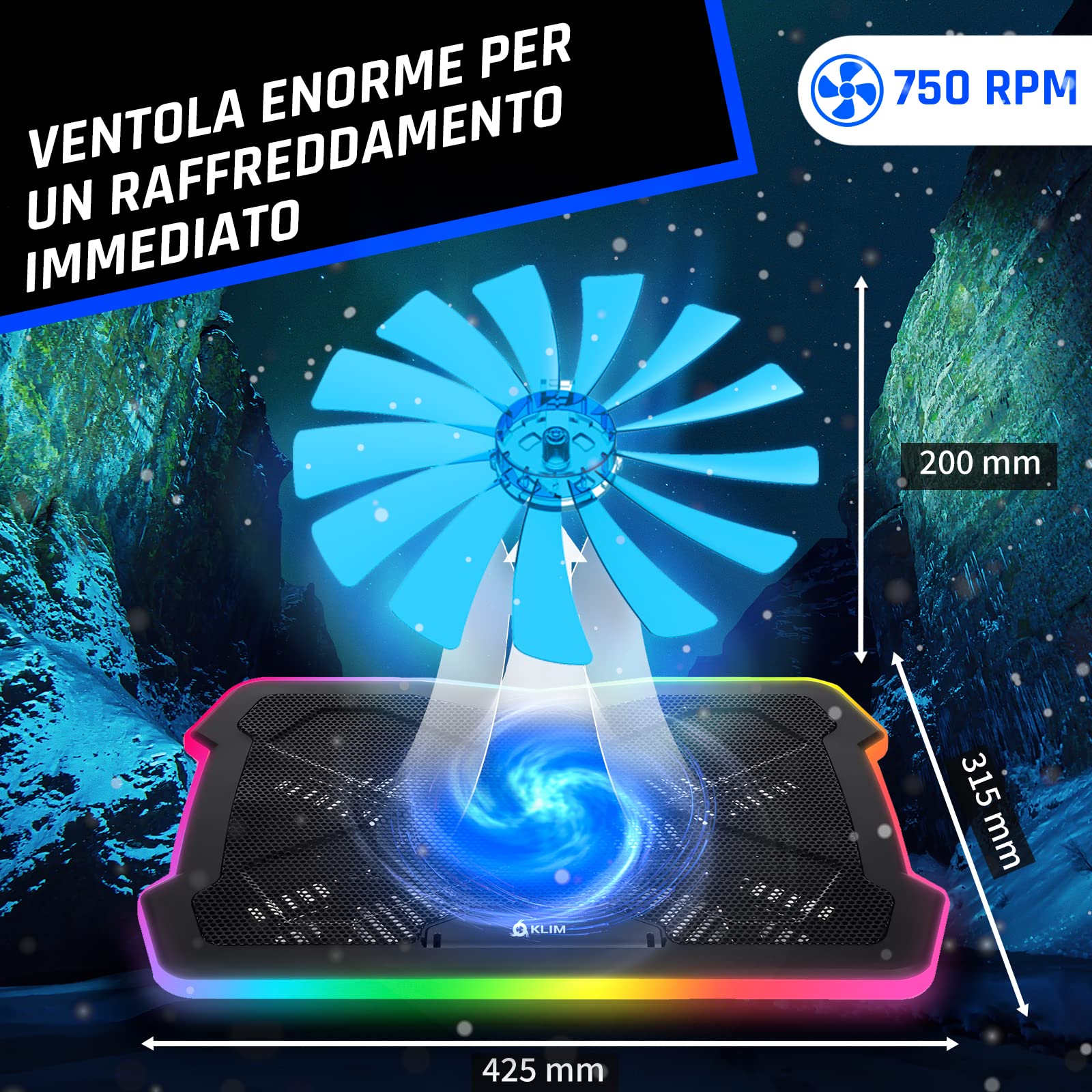 KLIM Ultimate Base di Raffreddamento RGB per PC Portatili 11-17" Gaming Ventola