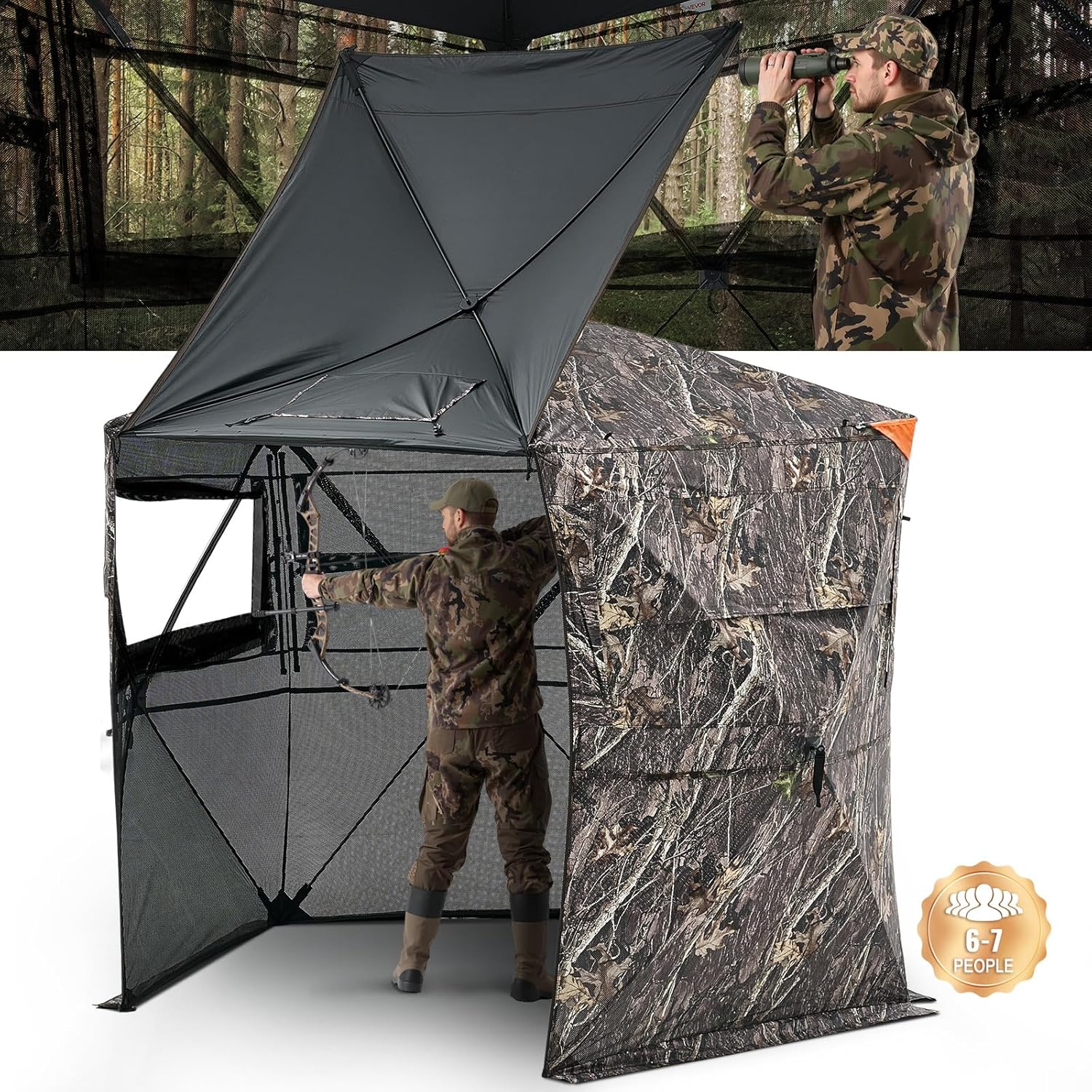 VEVOR Hunting Blind，See Through Ground Blinds with Carrying Bag, 360 Degree Portable Camouflage Tent，Durable Concealed Shelter with Silent Side Door and Window, for Turkey and Deer