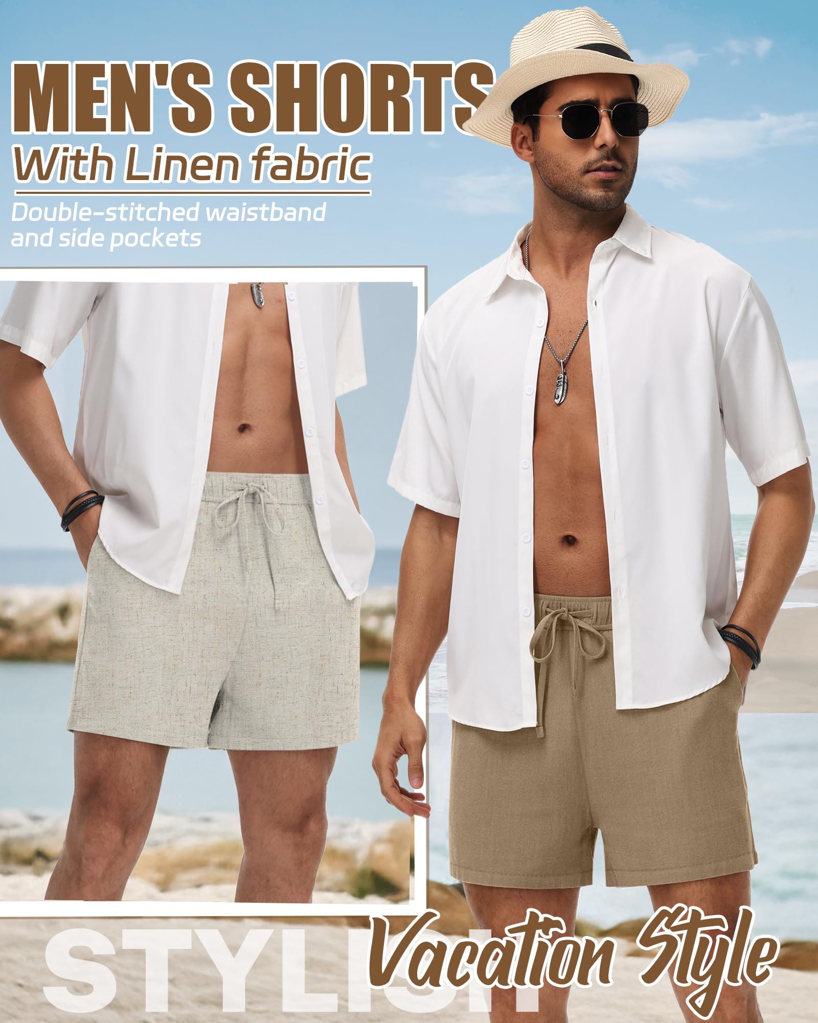 Neer Lot de 3 shorts d'été décontractés et légers en lin avec cordon de serrage à taille élastique et poches pour homme