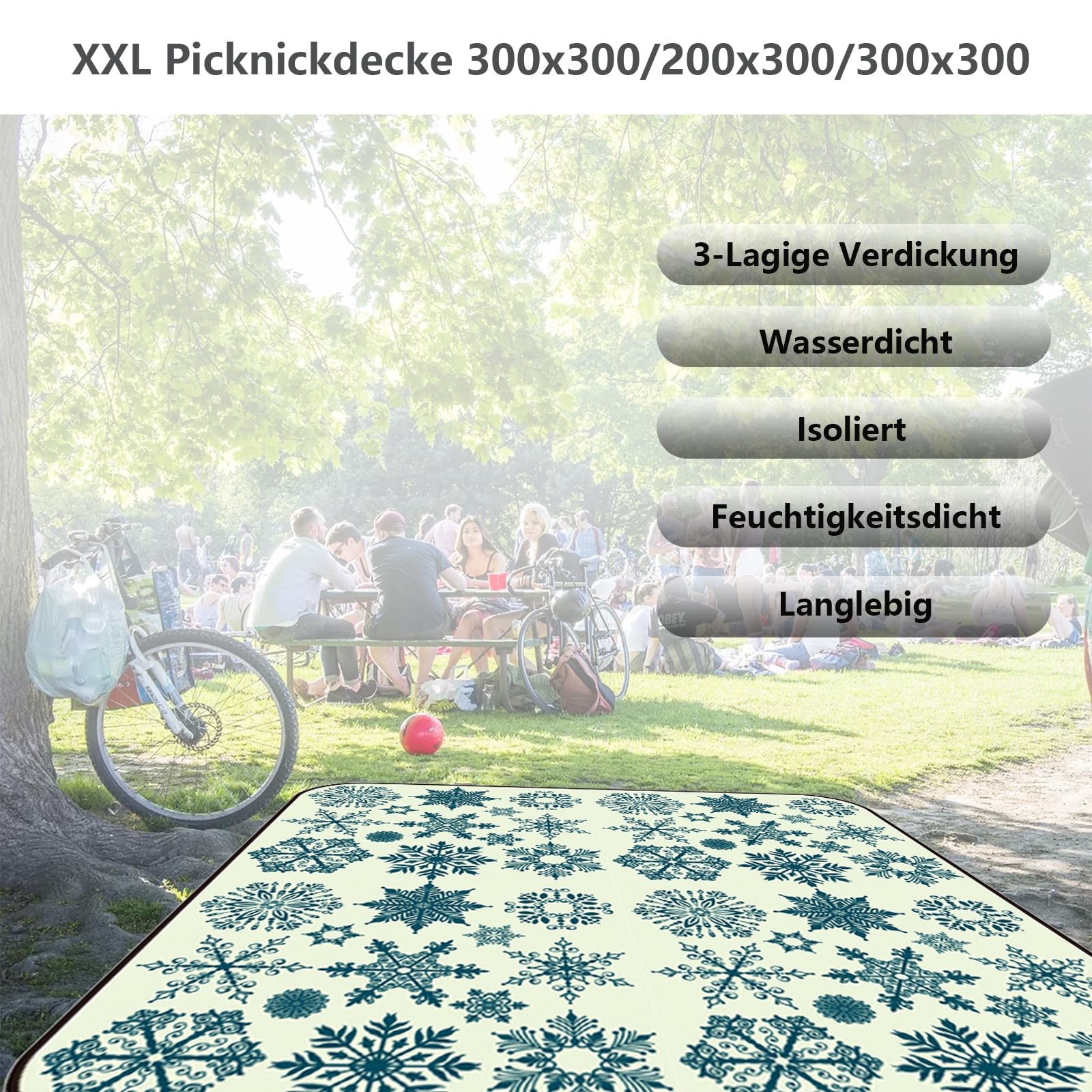 Koc piknikowy, wodoodporny, przenośny koc piknikowy XXL, koc piknikowy, powlekany aluminium, izolowany, zmywalny, gruby koc piknikowy wyściełany na kemping, piknik, wędrówki, grill, A, 300 x