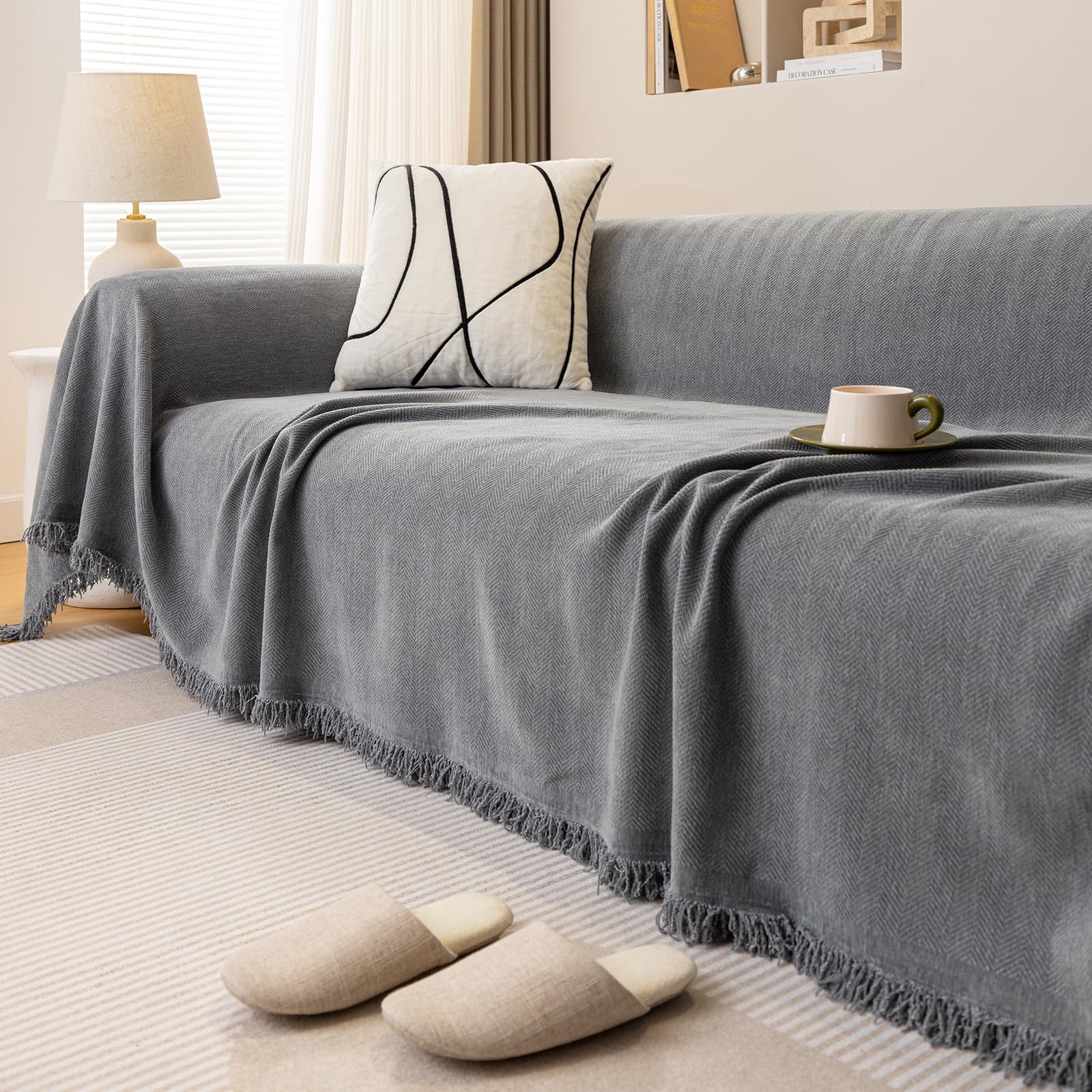 Throws for Sofas Large Grey Water Repellent Sofa Throw Blanket Soft Herringbone Chenille Tassels Blankets for Bed Settees Chair Slipcover 1 2 3 4 Seater Couch Cover - 180 x 130 cm