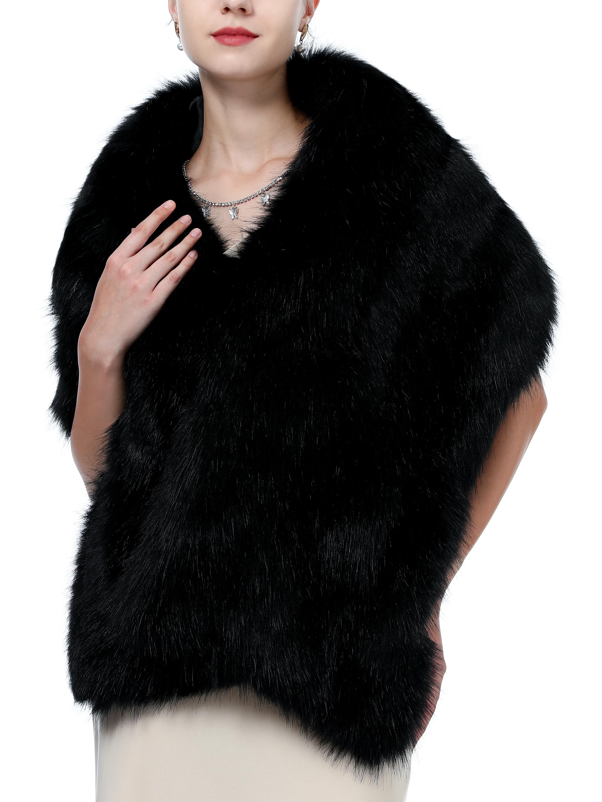 LA CARRIE Châle long en fausse fourrure pour femme - Cape de mariée - Étole d'hiver douce, noir, taille unique