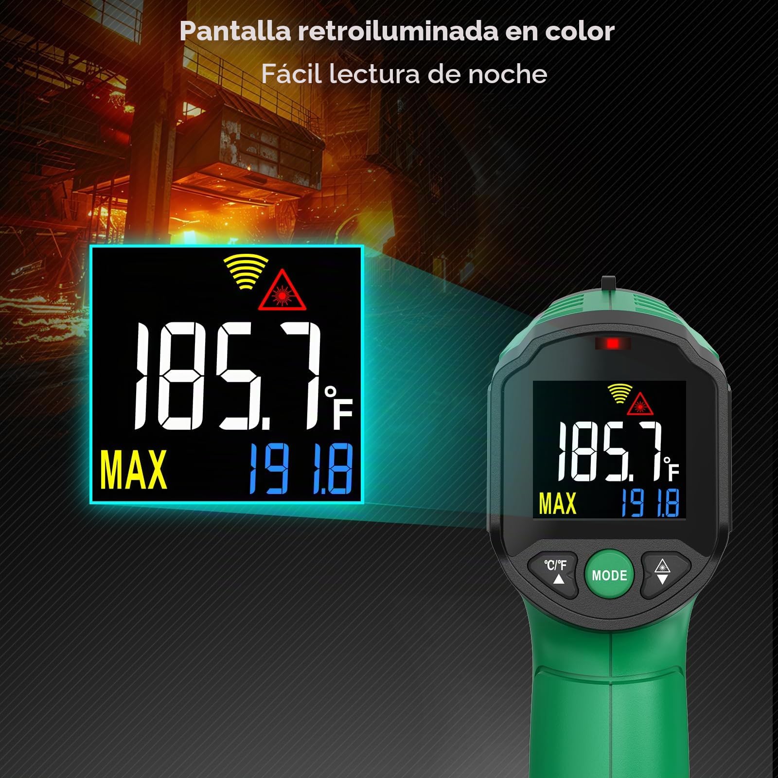 Termómetro Infrarrojo SQECH Láser -50℃~600℃ Emisividad Ajustable Retroiluminación Color Verde