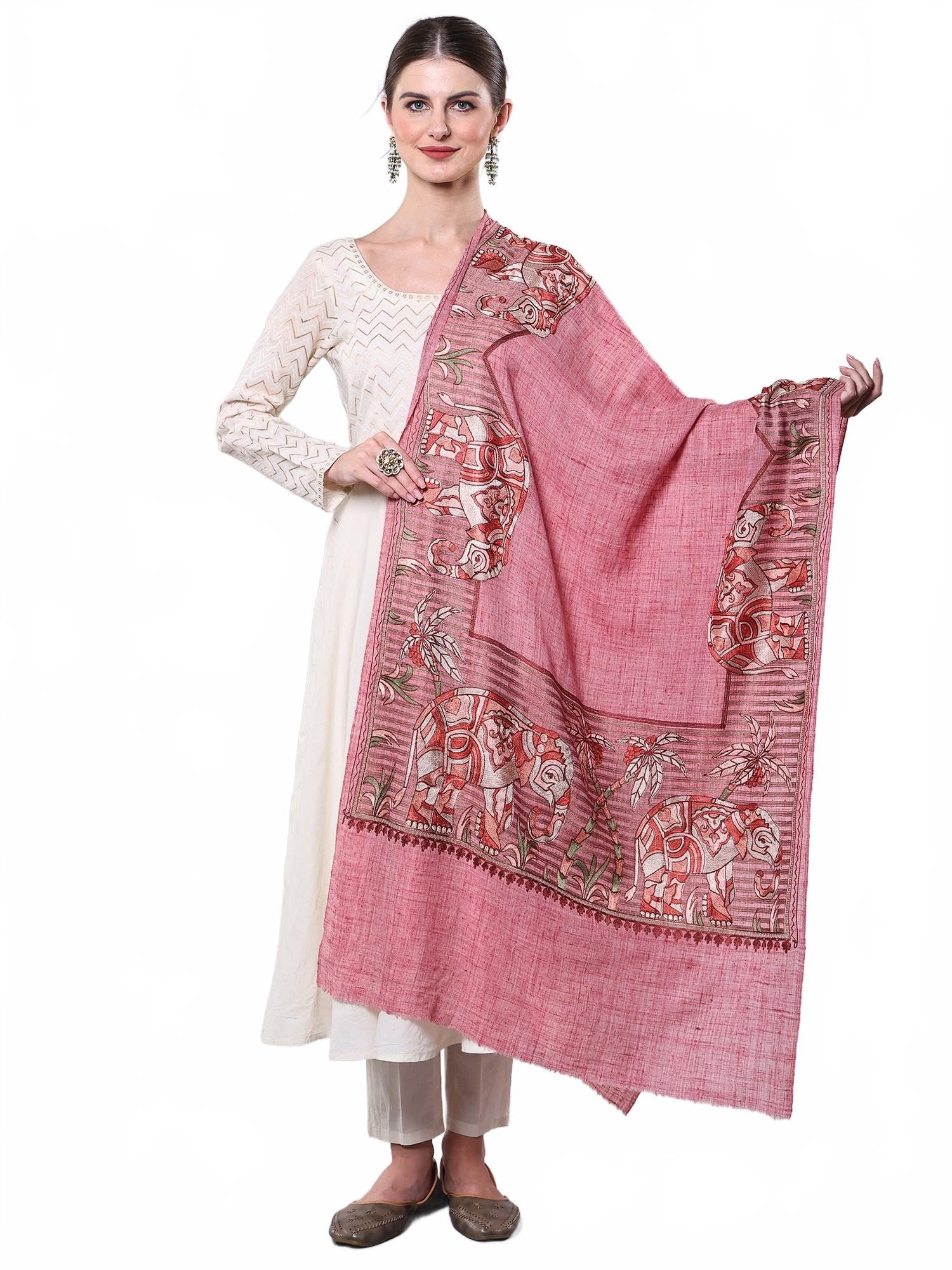 Women's Wool Stole with Chain Stitch Embroidered Elephant and Tree Border Design Shawl, Scarves For Festival-image-46