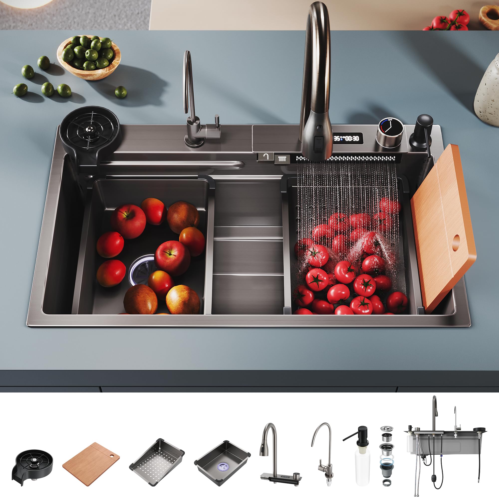 SONNI Edelstahl Küchenspüle 80x45x23cm mit Temperaturanzeige, Wasserfall | Schwarz, Spülbecken mit Wasserhahn, Wasserfilter, Gläserspüler, Abtropfwanne, Seifenspender, Schneidebrett, Ablaufset