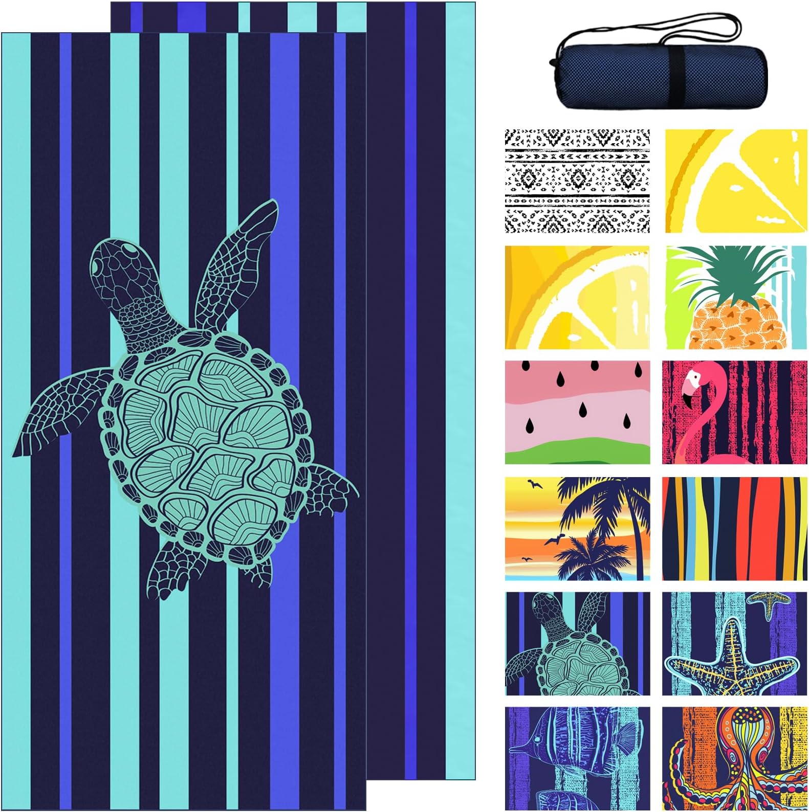 Bnuitland Turtle Pattern Beach Towel (35X75 inches), Oversized Quick Drying Absorbent Sand Free, Lightweight Towels for Travel Swimming Pool Picnic, 88% Polyester and 12% Polyamide,Blue