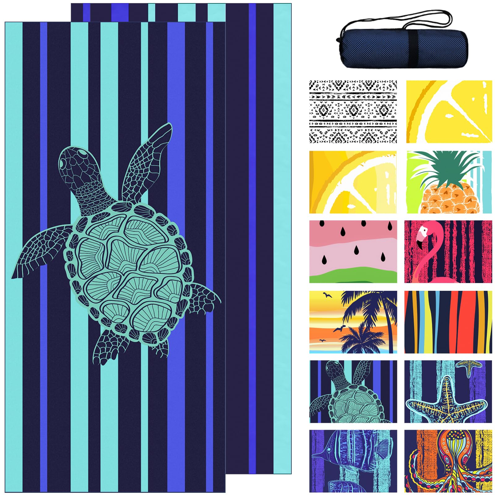 BnuitlandTurtle Pattern Beach Towel (35X75 inches), Oversized Quick Drying Absorbent Sand Free, Lightweight Towels for Travel Swimming Pool Picnic, 88% Polyester and 12% Polyamide,BlueOEKO-TEX STANDARD 100