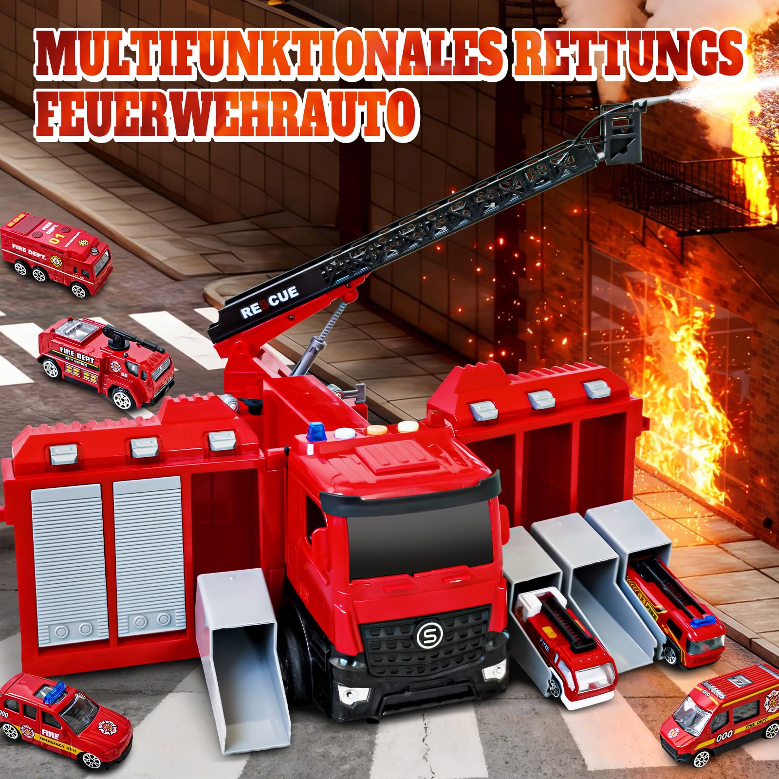 Großer Feuerwehr Truck Spielzeug, Rettungsfahrzeug Set mit 6 Mini Autos, Feuerwehrauto Autotransporter Spielzeug für Kinder ab 2 3 4 Jahren Kindergeburtstage und PD