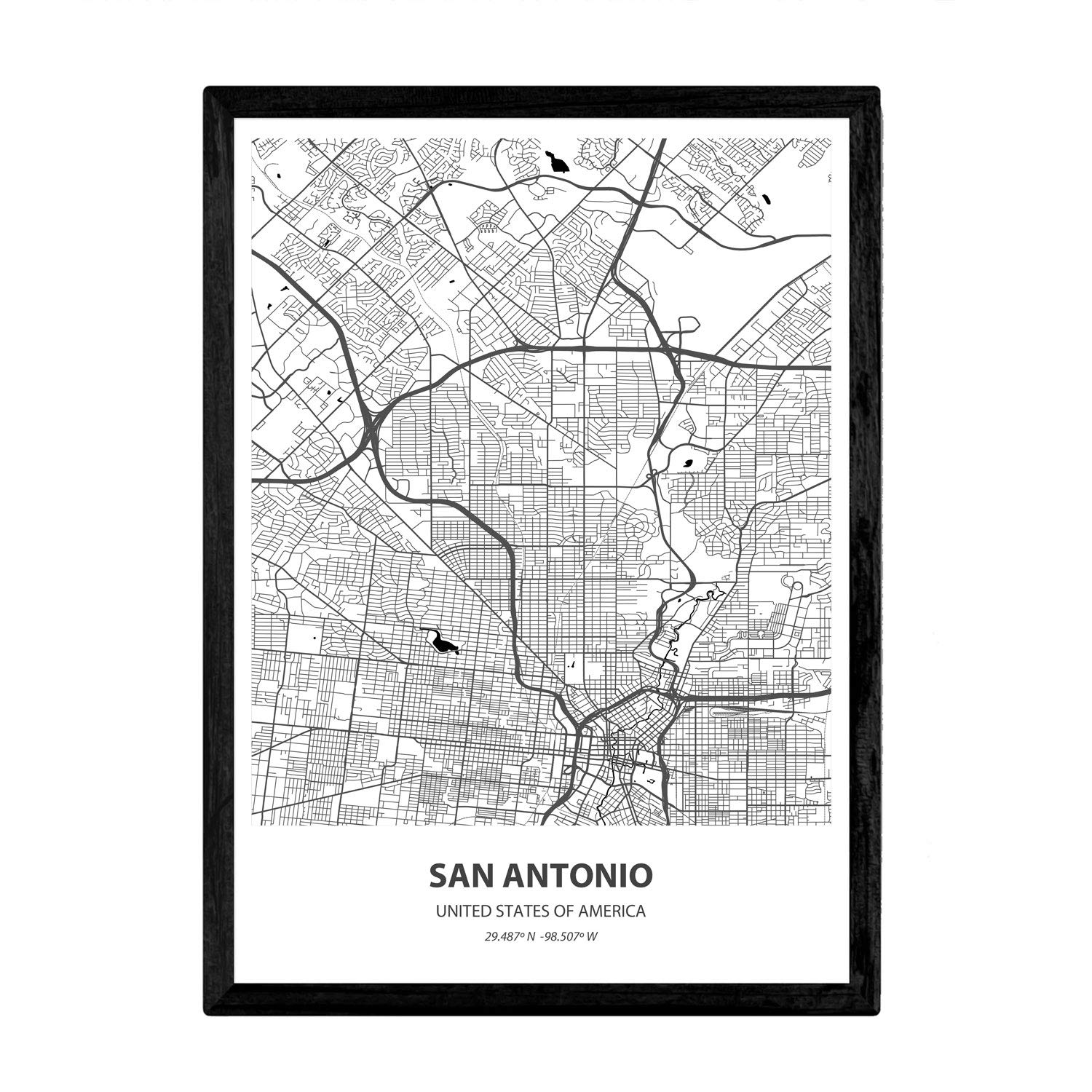 Nacnic Poster with map of San Antonio - USA. Sheets US cities with seas and rivers in black color. A3 size
